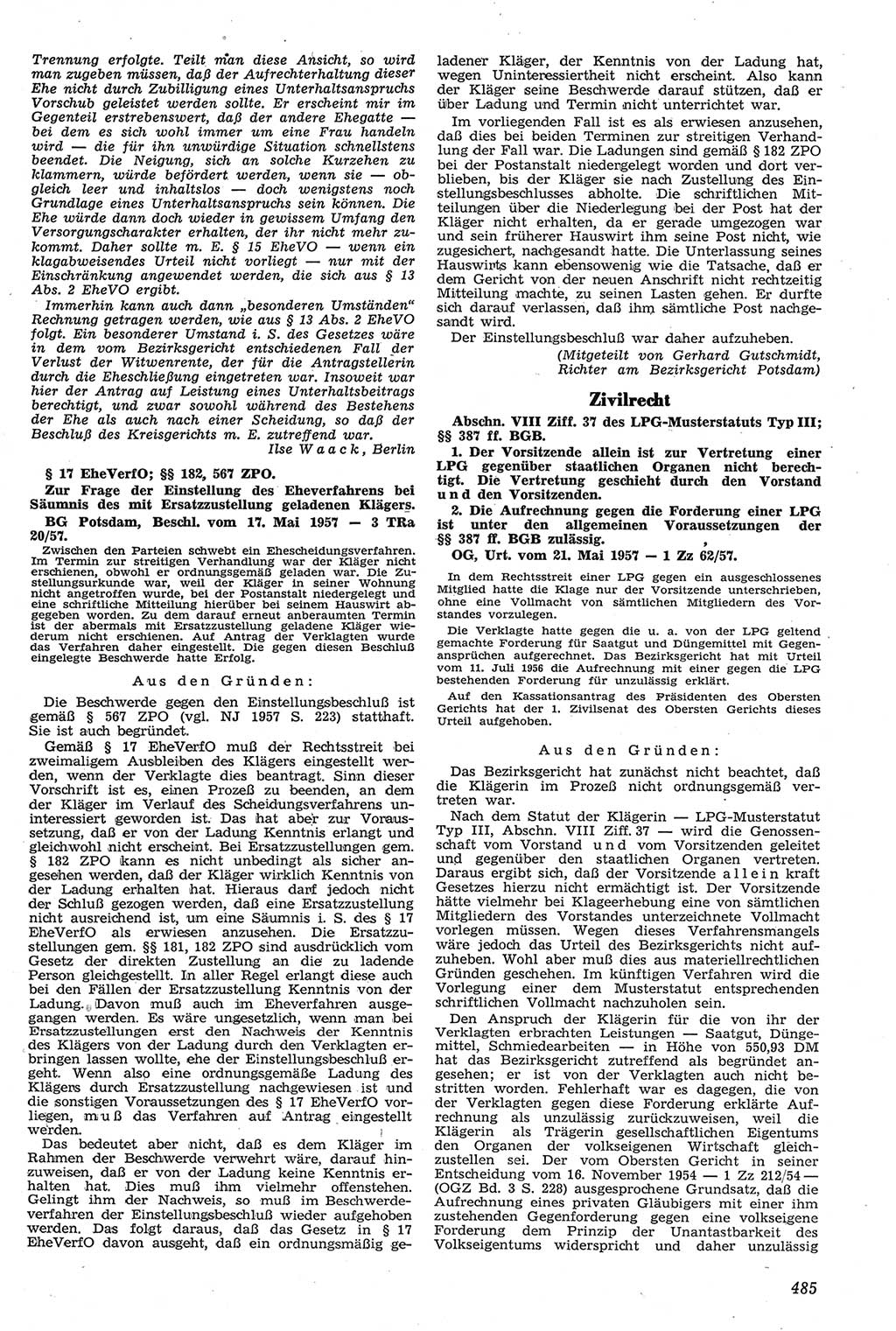 Neue Justiz (NJ), Zeitschrift für Recht und Rechtswissenschaft [Deutsche Demokratische Republik (DDR)], 11. Jahrgang 1957, Seite 485 (NJ DDR 1957, S. 485)