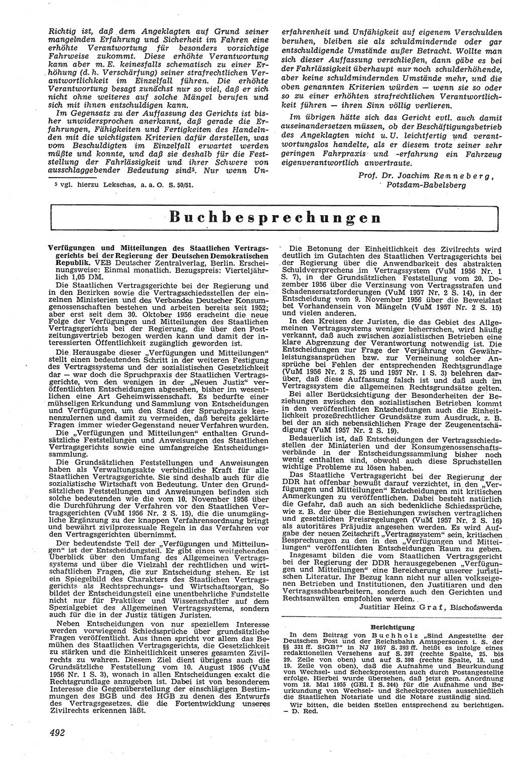 Neue Justiz (NJ), Zeitschrift für Recht und Rechtswissenschaft [Deutsche Demokratische Republik (DDR)], 11. Jahrgang 1957, Seite 492 (NJ DDR 1957, S. 492)