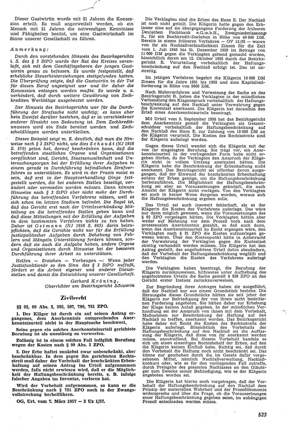 Neue Justiz (NJ), Zeitschrift für Recht und Rechtswissenschaft [Deutsche Demokratische Republik (DDR)], 11. Jahrgang 1957, Seite 523 (NJ DDR 1957, S. 523)