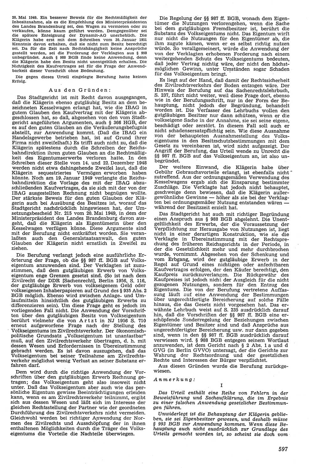 Neue Justiz (NJ), Zeitschrift für Recht und Rechtswissenschaft [Deutsche Demokratische Republik (DDR)], 11. Jahrgang 1957, Seite 597 (NJ DDR 1957, S. 597)