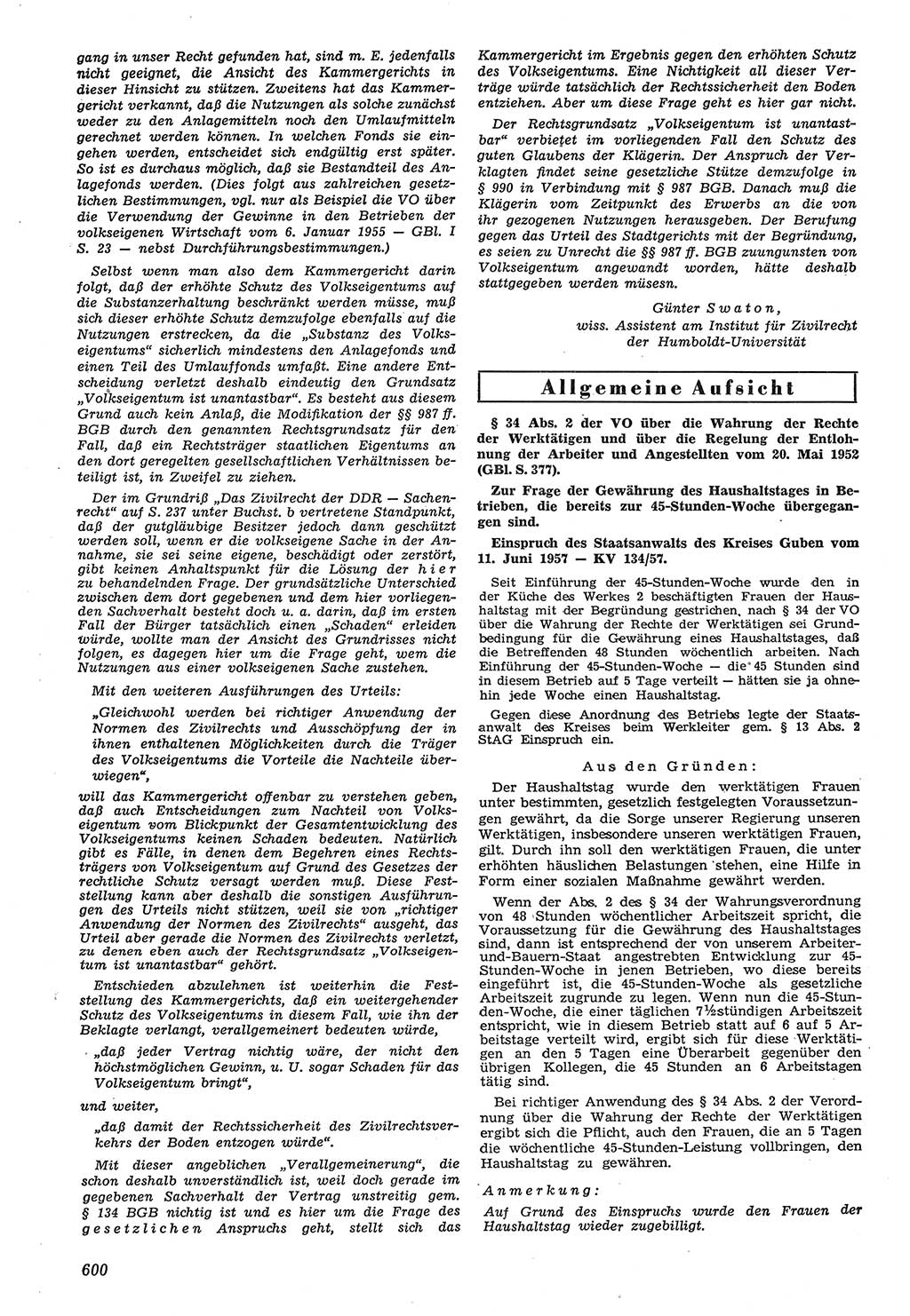 Neue Justiz (NJ), Zeitschrift für Recht und Rechtswissenschaft [Deutsche Demokratische Republik (DDR)], 11. Jahrgang 1957, Seite 600 (NJ DDR 1957, S. 600)