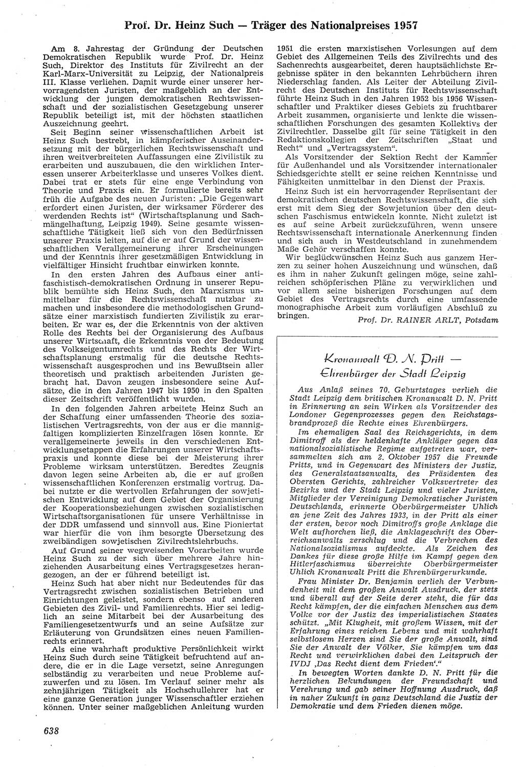 Neue Justiz (NJ), Zeitschrift für Recht und Rechtswissenschaft [Deutsche Demokratische Republik (DDR)], 11. Jahrgang 1957, Seite 638 (NJ DDR 1957, S. 638)