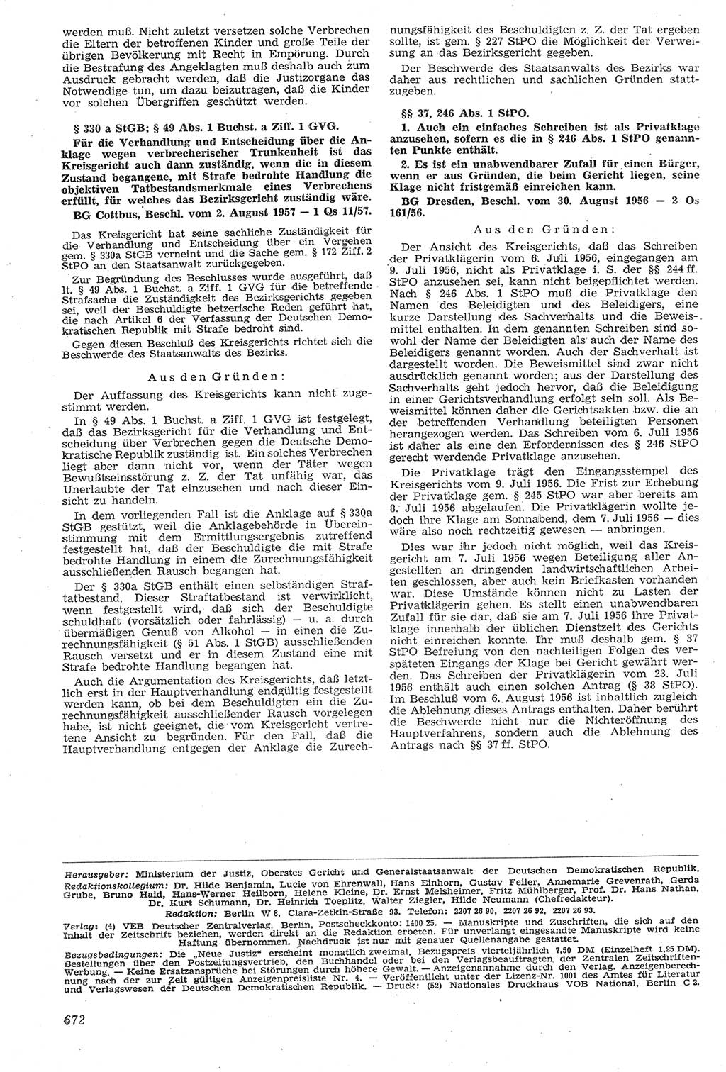 Neue Justiz (NJ), Zeitschrift für Recht und Rechtswissenschaft [Deutsche Demokratische Republik (DDR)], 11. Jahrgang 1957, Seite 672 (NJ DDR 1957, S. 672)