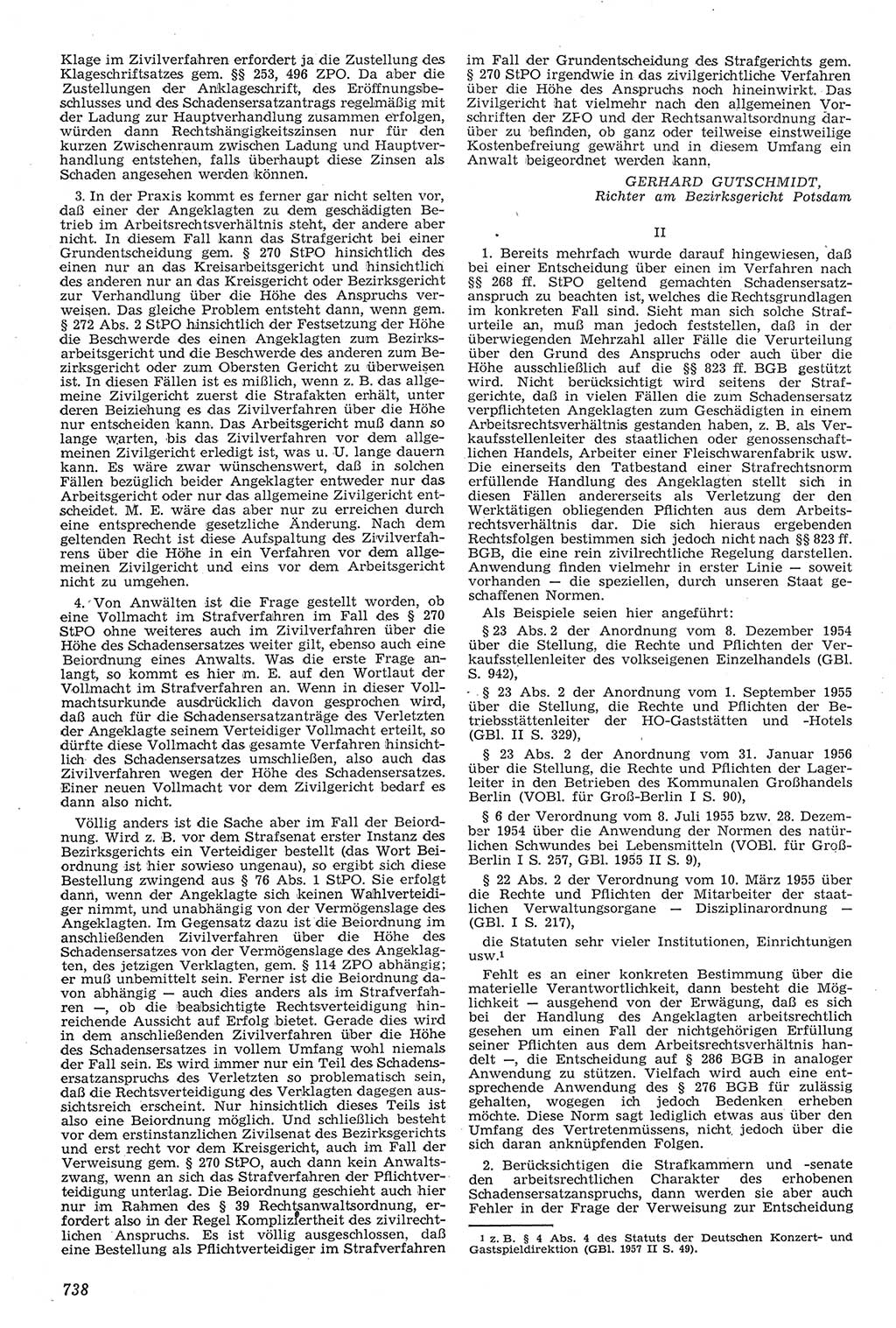 Neue Justiz (NJ), Zeitschrift für Recht und Rechtswissenschaft [Deutsche Demokratische Republik (DDR)], 11. Jahrgang 1957, Seite 738 (NJ DDR 1957, S. 738)