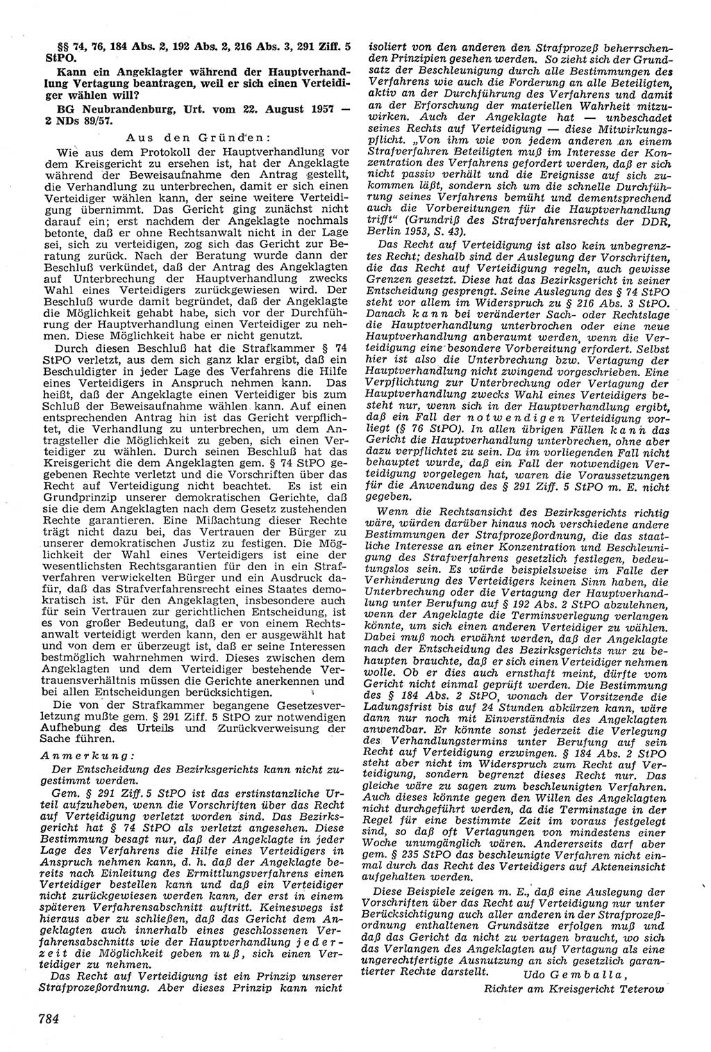 Neue Justiz (NJ), Zeitschrift für Recht und Rechtswissenschaft [Deutsche Demokratische Republik (DDR)], 11. Jahrgang 1957, Seite 784 (NJ DDR 1957, S. 784)