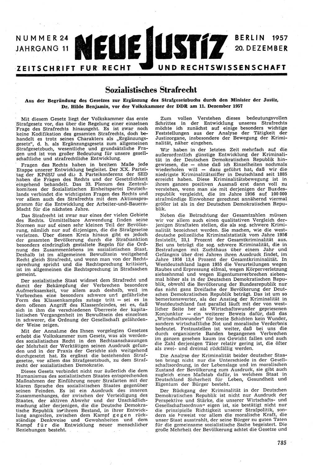 Neue Justiz (NJ), Zeitschrift für Recht und Rechtswissenschaft [Deutsche Demokratische Republik (DDR)], 11. Jahrgang 1957, Seite 785 (NJ DDR 1957, S. 785)