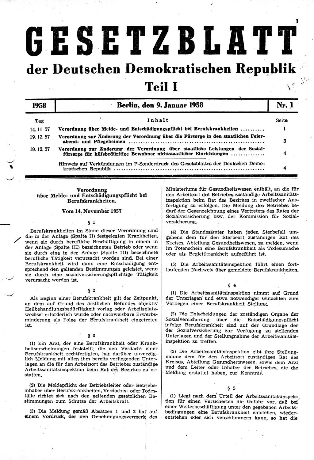 Gesetzblatt (GBl.) der Deutschen Demokratischen Republik (DDR) Teil Ⅰ 1958, Seite 1 (GBl. DDR Ⅰ 1958, S. 1)