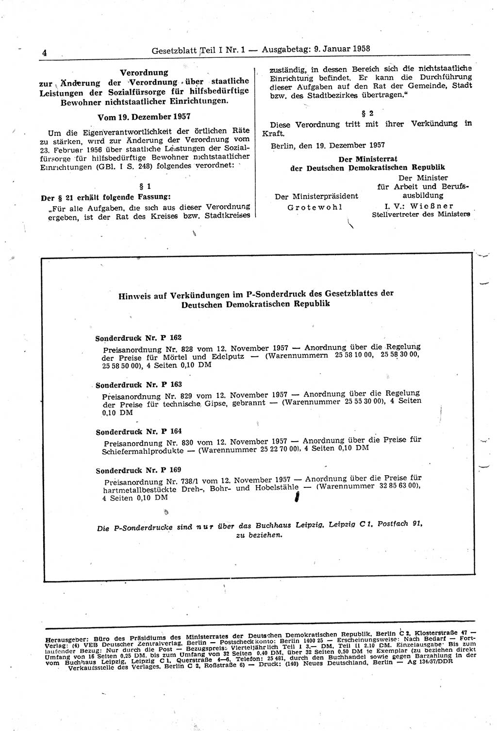 Gesetzblatt (GBl.) der Deutschen Demokratischen Republik (DDR) Teil â… 1958, Seite 4 (GBl. DDR â… 1958, S. 4)