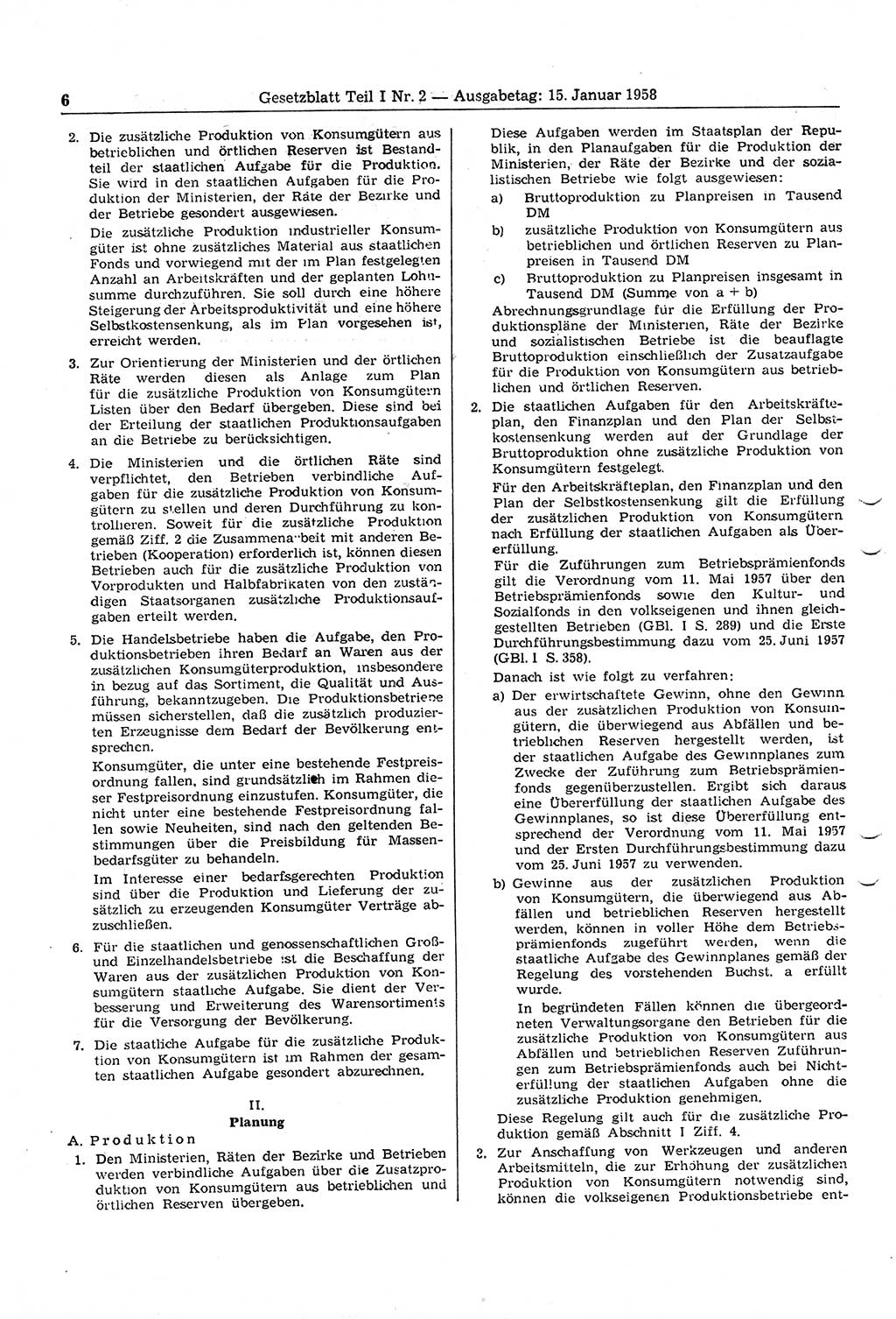 Gesetzblatt (GBl.) der Deutschen Demokratischen Republik (DDR) Teil Ⅰ 1958, Seite 6 (GBl. DDR Ⅰ 1958, S. 6)