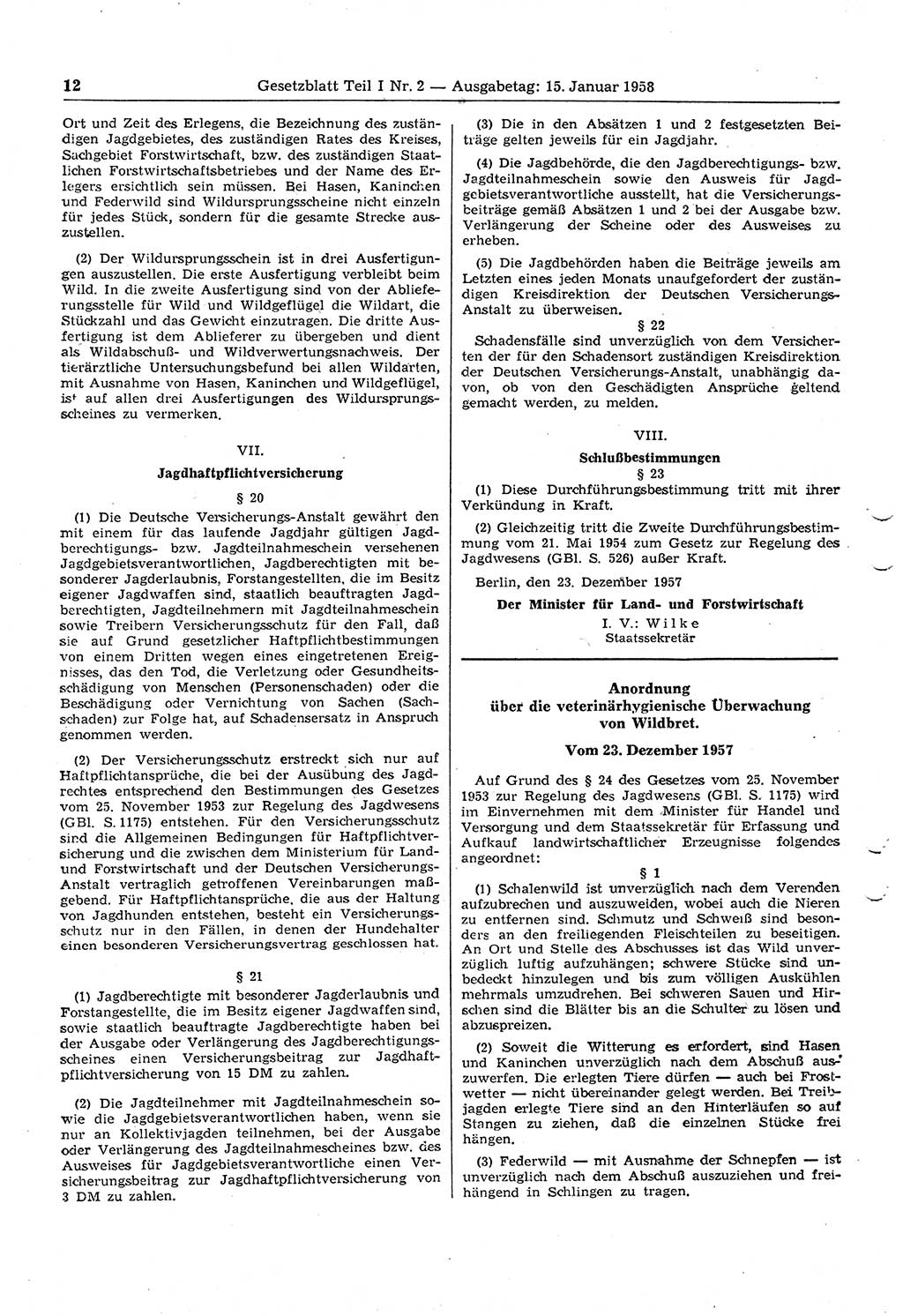 Gesetzblatt (GBl.) der Deutschen Demokratischen Republik (DDR) Teil Ⅰ 1958, Seite 12 (GBl. DDR Ⅰ 1958, S. 12)