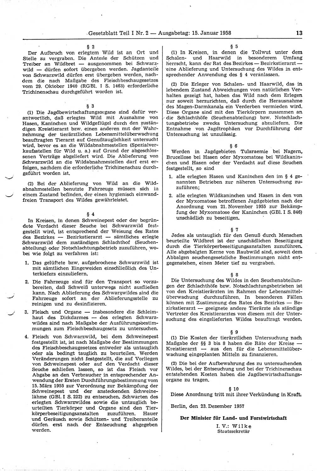 Gesetzblatt (GBl.) der Deutschen Demokratischen Republik (DDR) Teil Ⅰ 1958, Seite 13 (GBl. DDR Ⅰ 1958, S. 13)