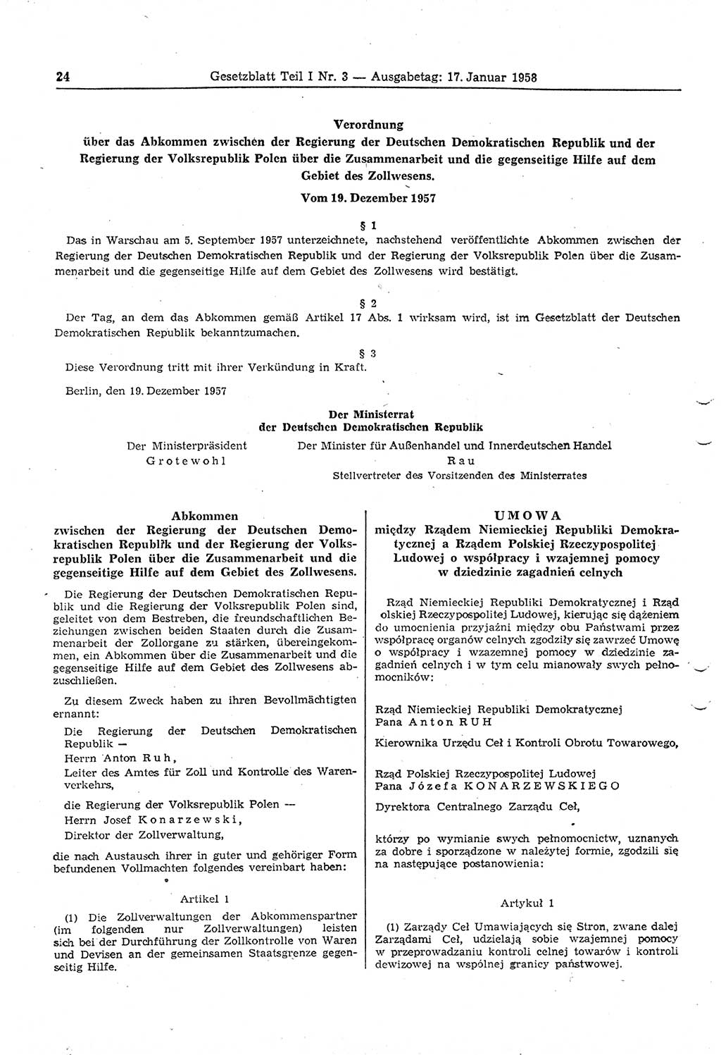 Gesetzblatt (GBl.) der Deutschen Demokratischen Republik (DDR) Teil Ⅰ 1958, Seite 24 (GBl. DDR Ⅰ 1958, S. 24)