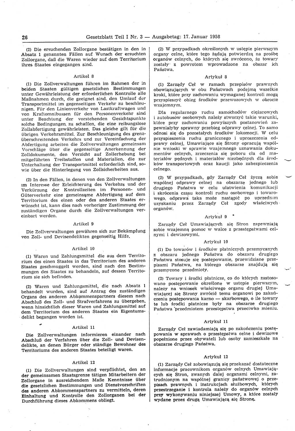Gesetzblatt (GBl.) der Deutschen Demokratischen Republik (DDR) Teil Ⅰ 1958, Seite 26 (GBl. DDR Ⅰ 1958, S. 26)