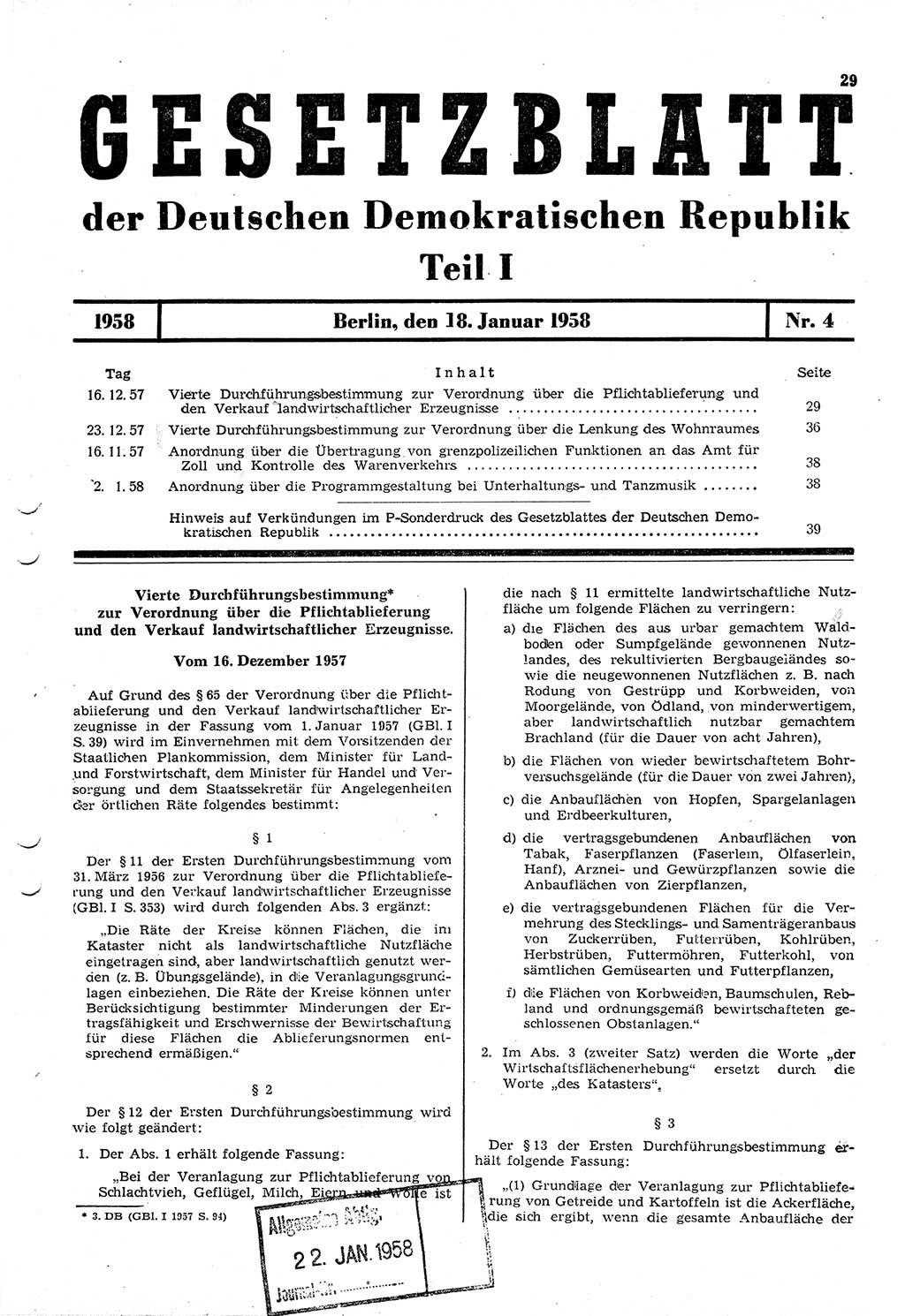 Gesetzblatt (GBl.) der Deutschen Demokratischen Republik (DDR) Teil Ⅰ 1958, Seite 29 (GBl. DDR Ⅰ 1958, S. 29)