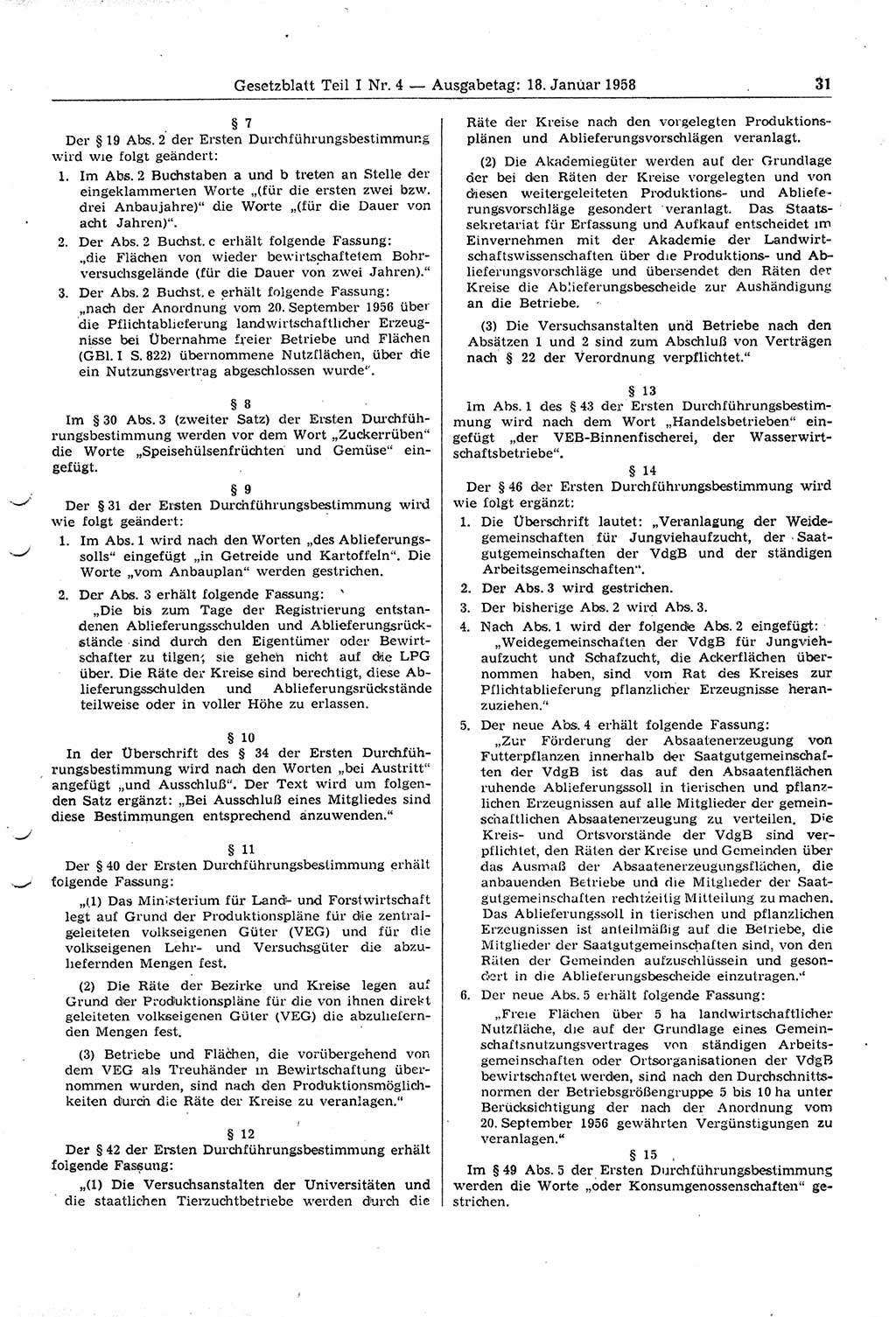 Gesetzblatt (GBl.) der Deutschen Demokratischen Republik (DDR) Teil Ⅰ 1958, Seite 31 (GBl. DDR Ⅰ 1958, S. 31)