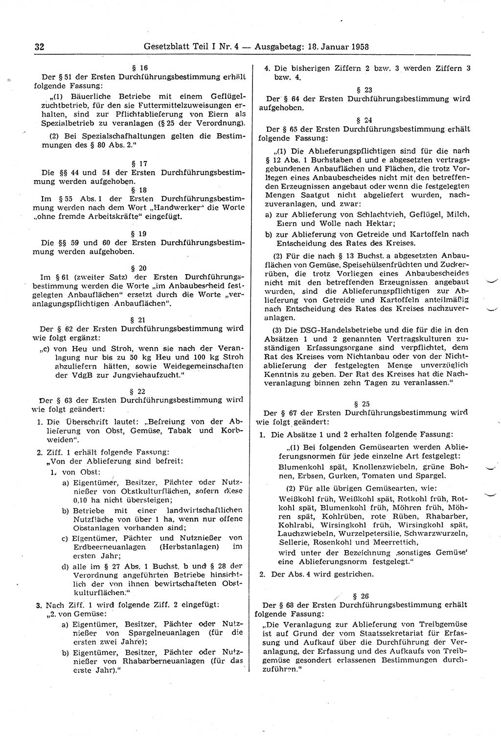 Gesetzblatt (GBl.) der Deutschen Demokratischen Republik (DDR) Teil Ⅰ 1958, Seite 32 (GBl. DDR Ⅰ 1958, S. 32)