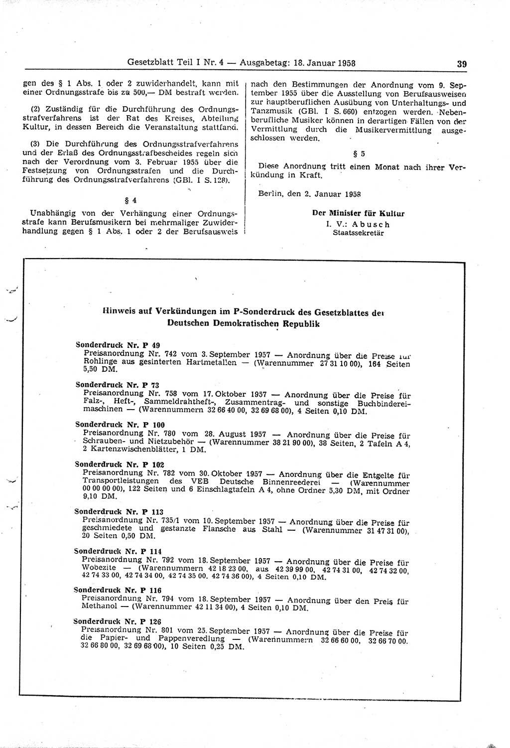 Gesetzblatt (GBl.) der Deutschen Demokratischen Republik (DDR) Teil Ⅰ 1958, Seite 39 (GBl. DDR Ⅰ 1958, S. 39)