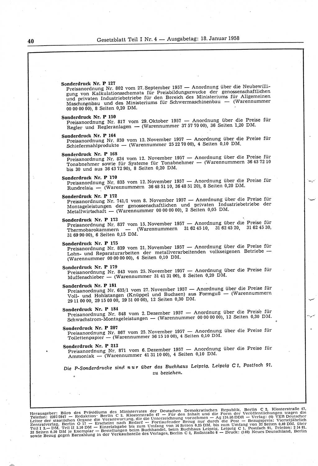 Gesetzblatt (GBl.) der Deutschen Demokratischen Republik (DDR) Teil Ⅰ 1958, Seite 40 (GBl. DDR Ⅰ 1958, S. 40)