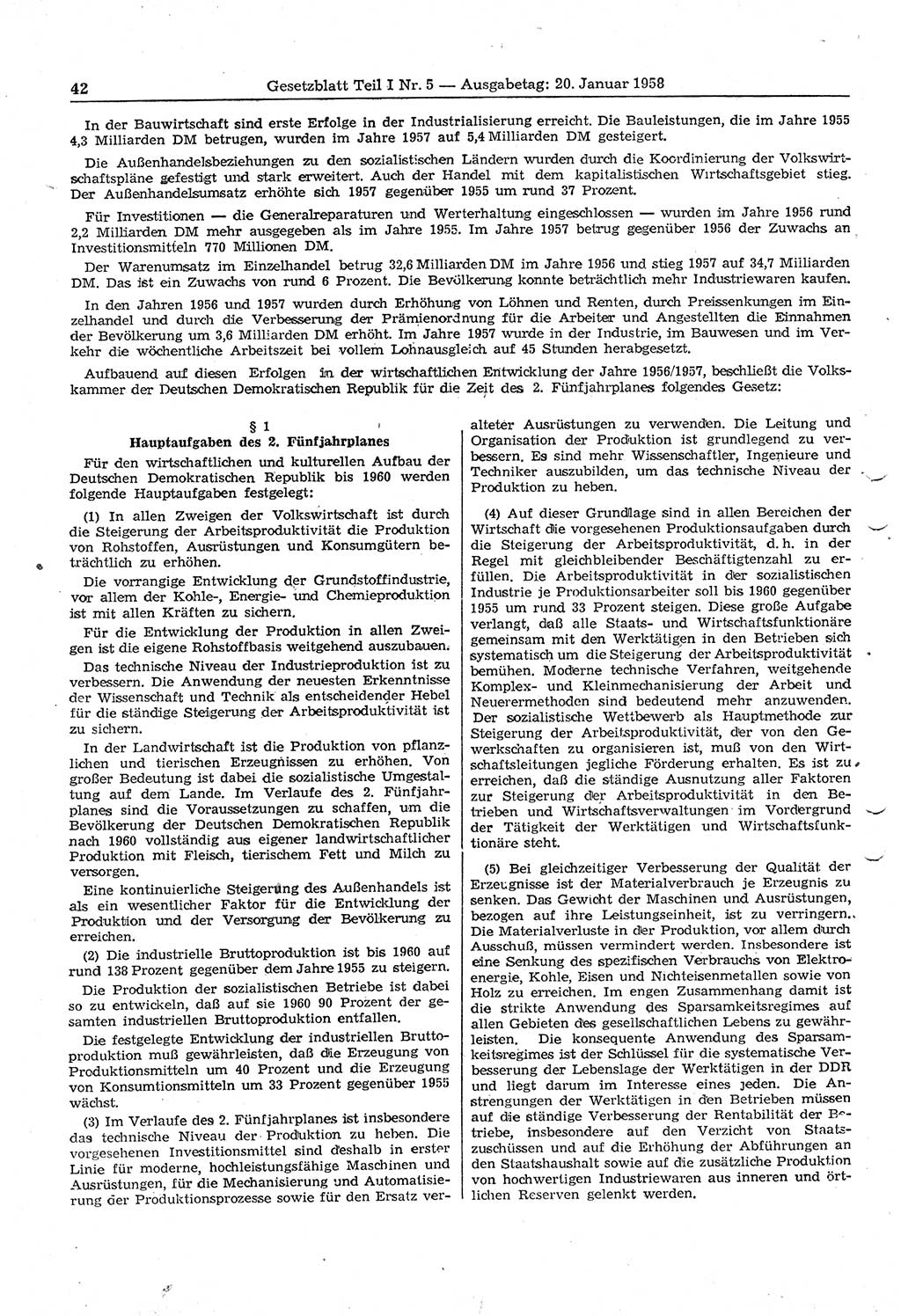 Gesetzblatt (GBl.) der Deutschen Demokratischen Republik (DDR) Teil Ⅰ 1958, Seite 42 (GBl. DDR Ⅰ 1958, S. 42)
