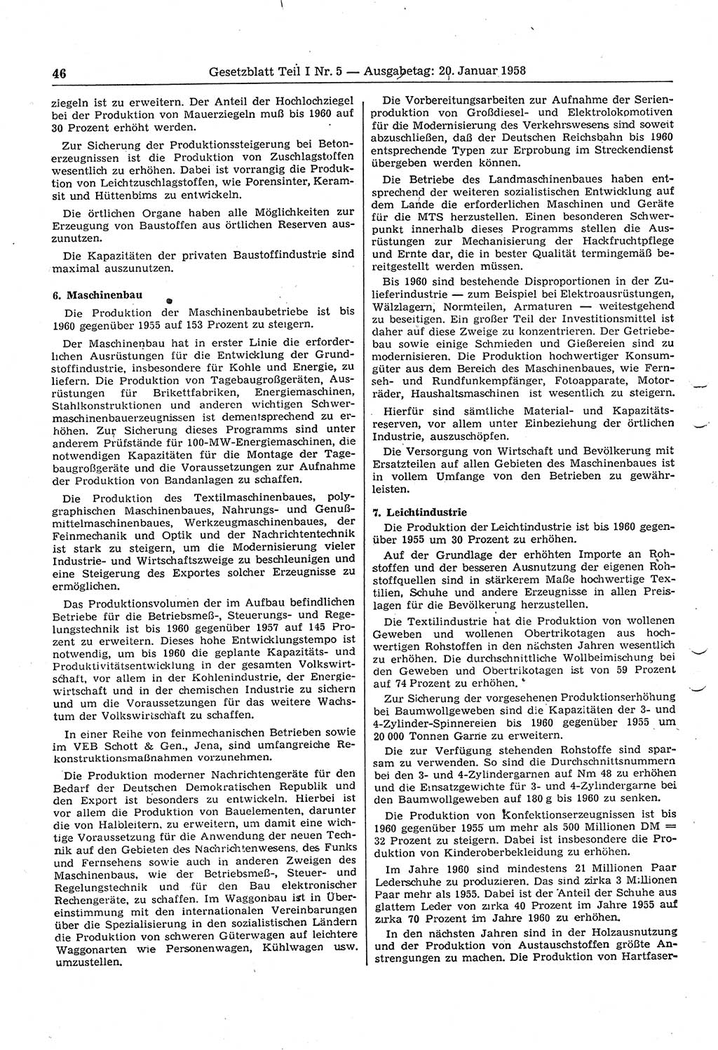 Gesetzblatt (GBl.) der Deutschen Demokratischen Republik (DDR) Teil Ⅰ 1958, Seite 46 (GBl. DDR Ⅰ 1958, S. 46)