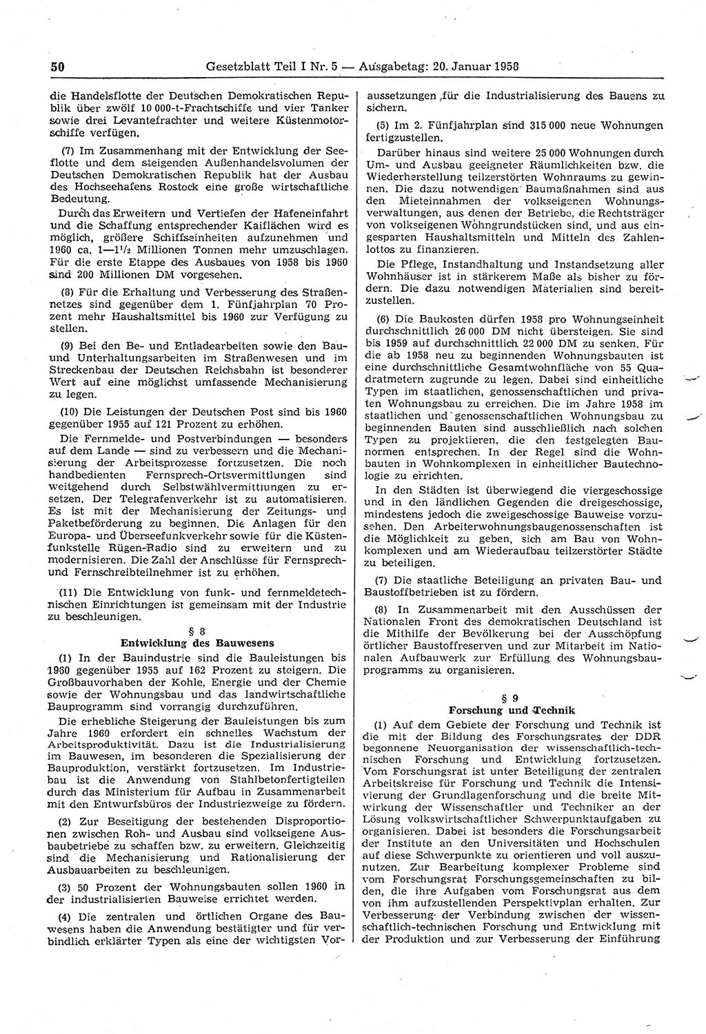 Gesetzblatt (GBl.) der Deutschen Demokratischen Republik (DDR) Teil Ⅰ 1958, Seite 50 (GBl. DDR Ⅰ 1958, S. 50)