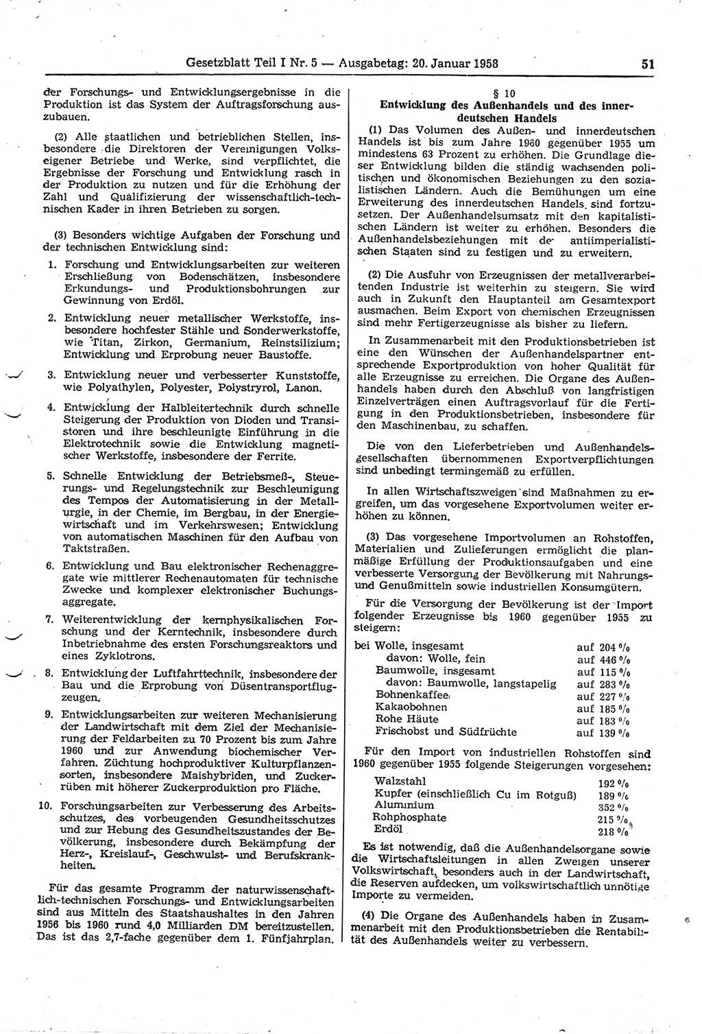 Gesetzblatt (GBl.) der Deutschen Demokratischen Republik (DDR) Teil Ⅰ 1958, Seite 51 (GBl. DDR Ⅰ 1958, S. 51)