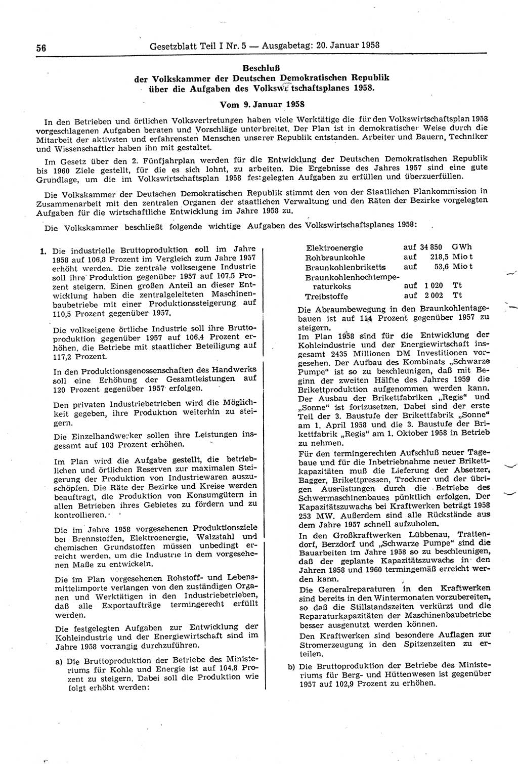 Gesetzblatt (GBl.) der Deutschen Demokratischen Republik (DDR) Teil Ⅰ 1958, Seite 56 (GBl. DDR Ⅰ 1958, S. 56)