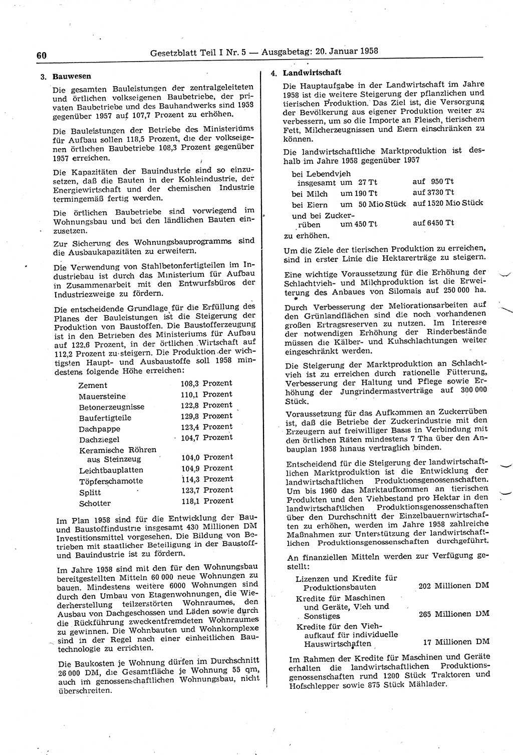 Gesetzblatt (GBl.) der Deutschen Demokratischen Republik (DDR) Teil Ⅰ 1958, Seite 60 (GBl. DDR Ⅰ 1958, S. 60)