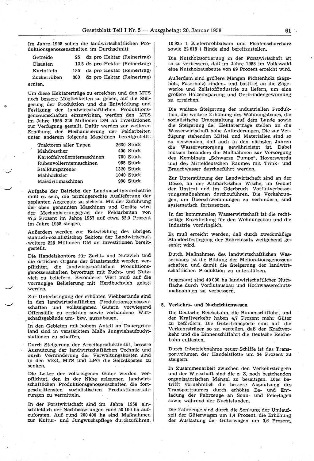 Gesetzblatt (GBl.) der Deutschen Demokratischen Republik (DDR) Teil Ⅰ 1958, Seite 61 (GBl. DDR Ⅰ 1958, S. 61)
