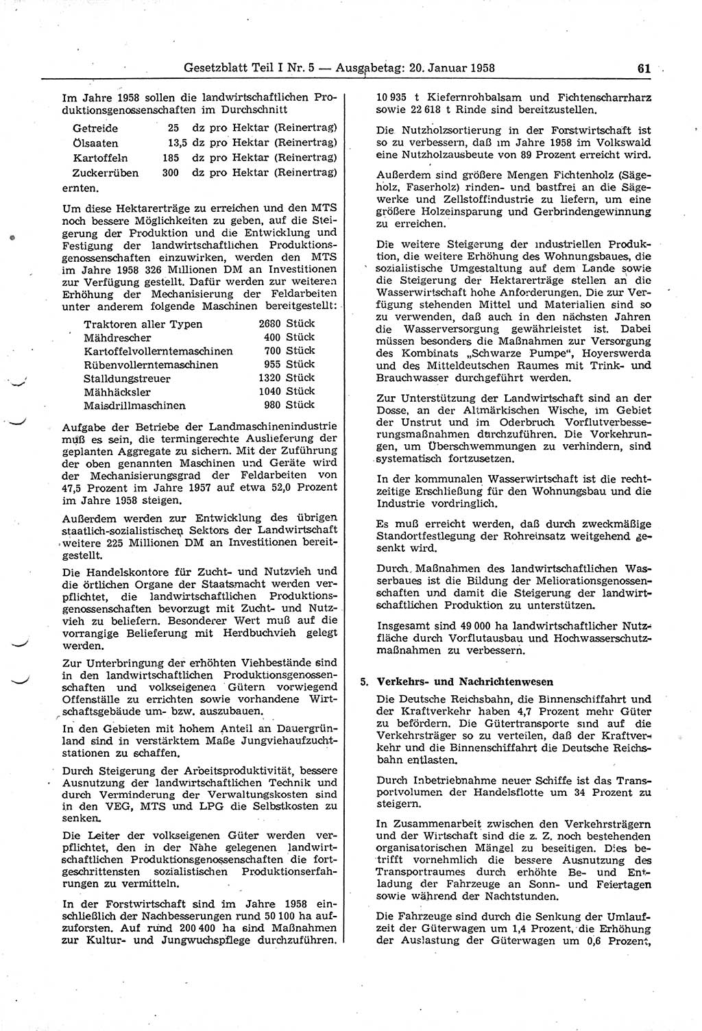 Gesetzblatt (GBl.) der Deutschen Demokratischen Republik (DDR) Teil Ⅰ 1958, Seite 61 (GBl. DDR Ⅰ 1958, S. 61)
