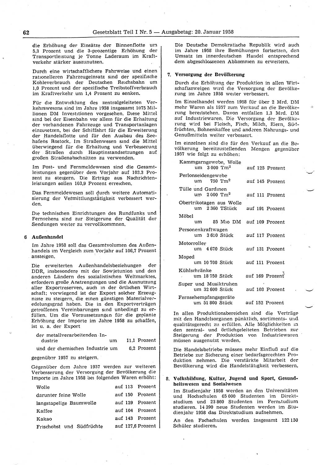 Gesetzblatt (GBl.) der Deutschen Demokratischen Republik (DDR) Teil Ⅰ 1958, Seite 62 (GBl. DDR Ⅰ 1958, S. 62)
