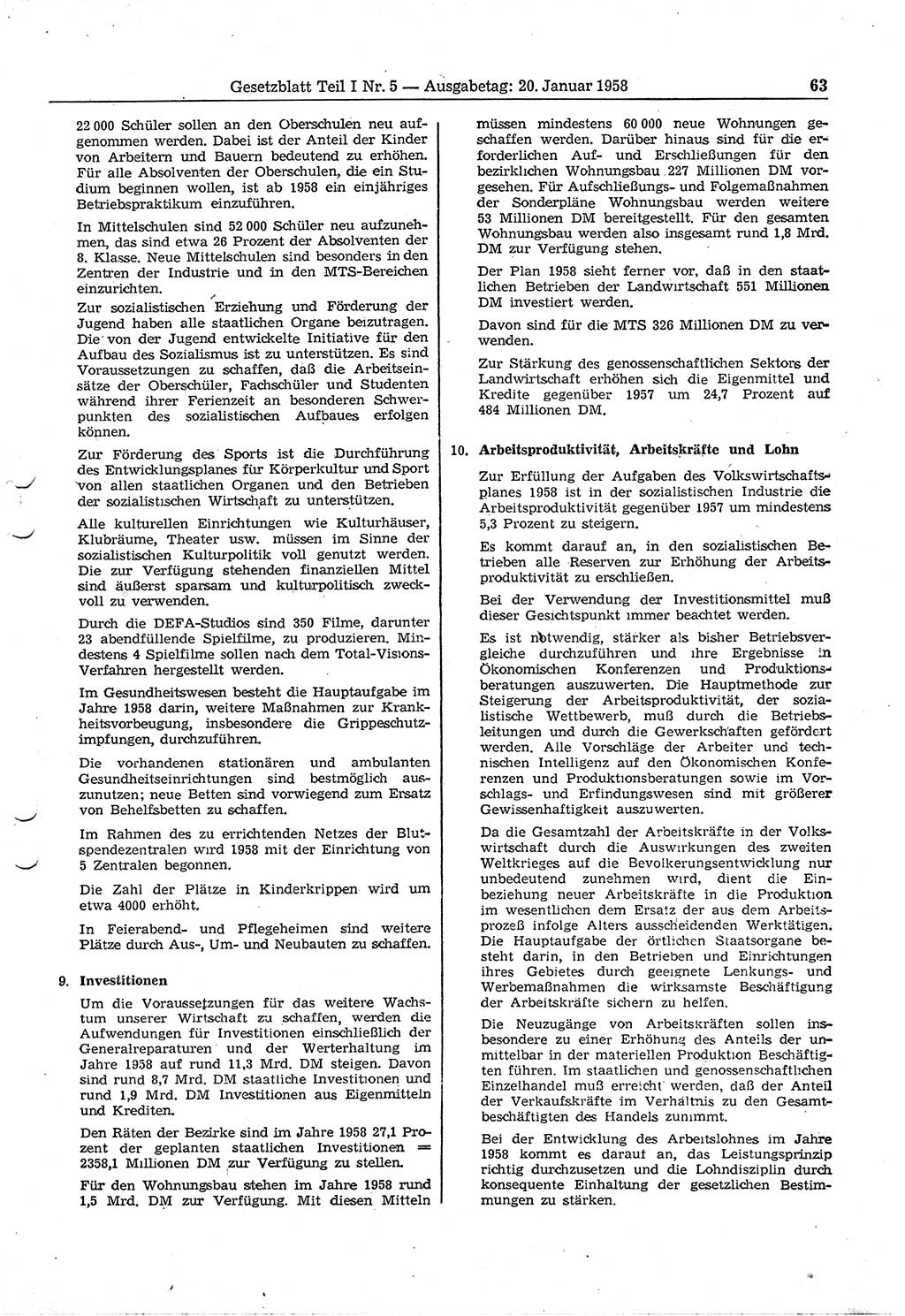 Gesetzblatt (GBl.) der Deutschen Demokratischen Republik (DDR) Teil Ⅰ 1958, Seite 63 (GBl. DDR Ⅰ 1958, S. 63)