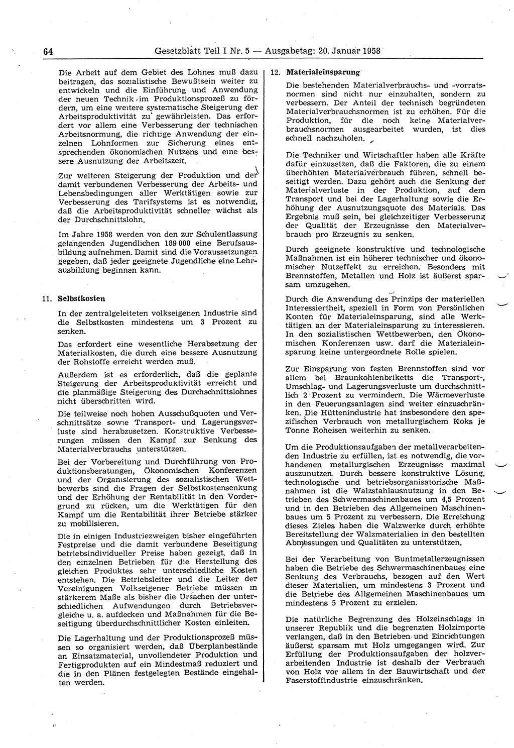 Gesetzblatt (GBl.) der Deutschen Demokratischen Republik (DDR) Teil Ⅰ 1958, Seite 64 (GBl. DDR Ⅰ 1958, S. 64)