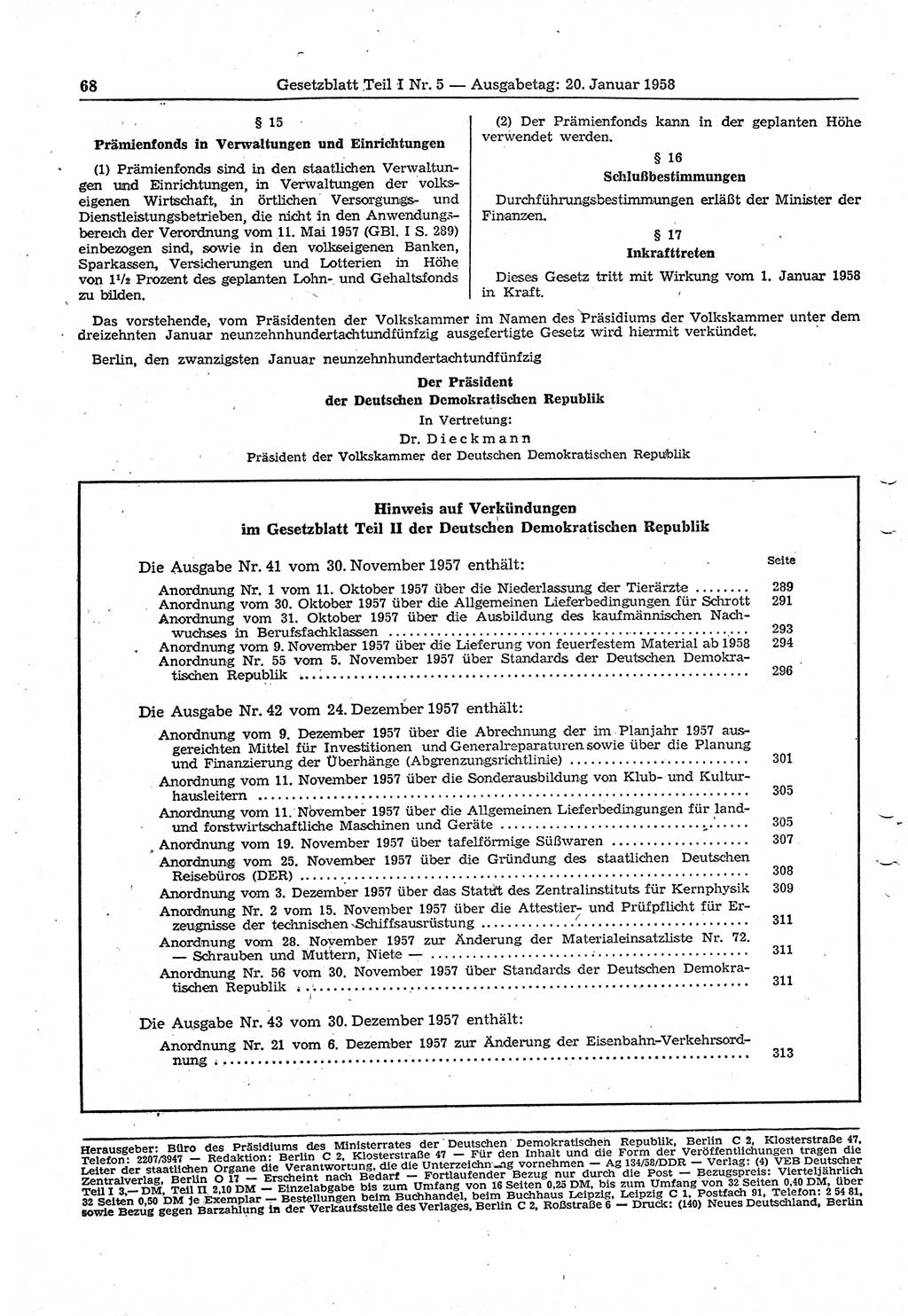 Gesetzblatt (GBl.) der Deutschen Demokratischen Republik (DDR) Teil Ⅰ 1958, Seite 68 (GBl. DDR Ⅰ 1958, S. 68)