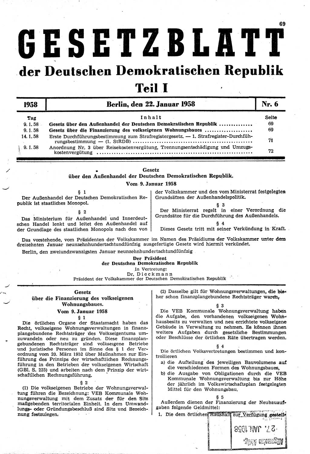 Gesetzblatt (GBl.) der Deutschen Demokratischen Republik (DDR) Teil Ⅰ 1958, Seite 69 (GBl. DDR Ⅰ 1958, S. 69)