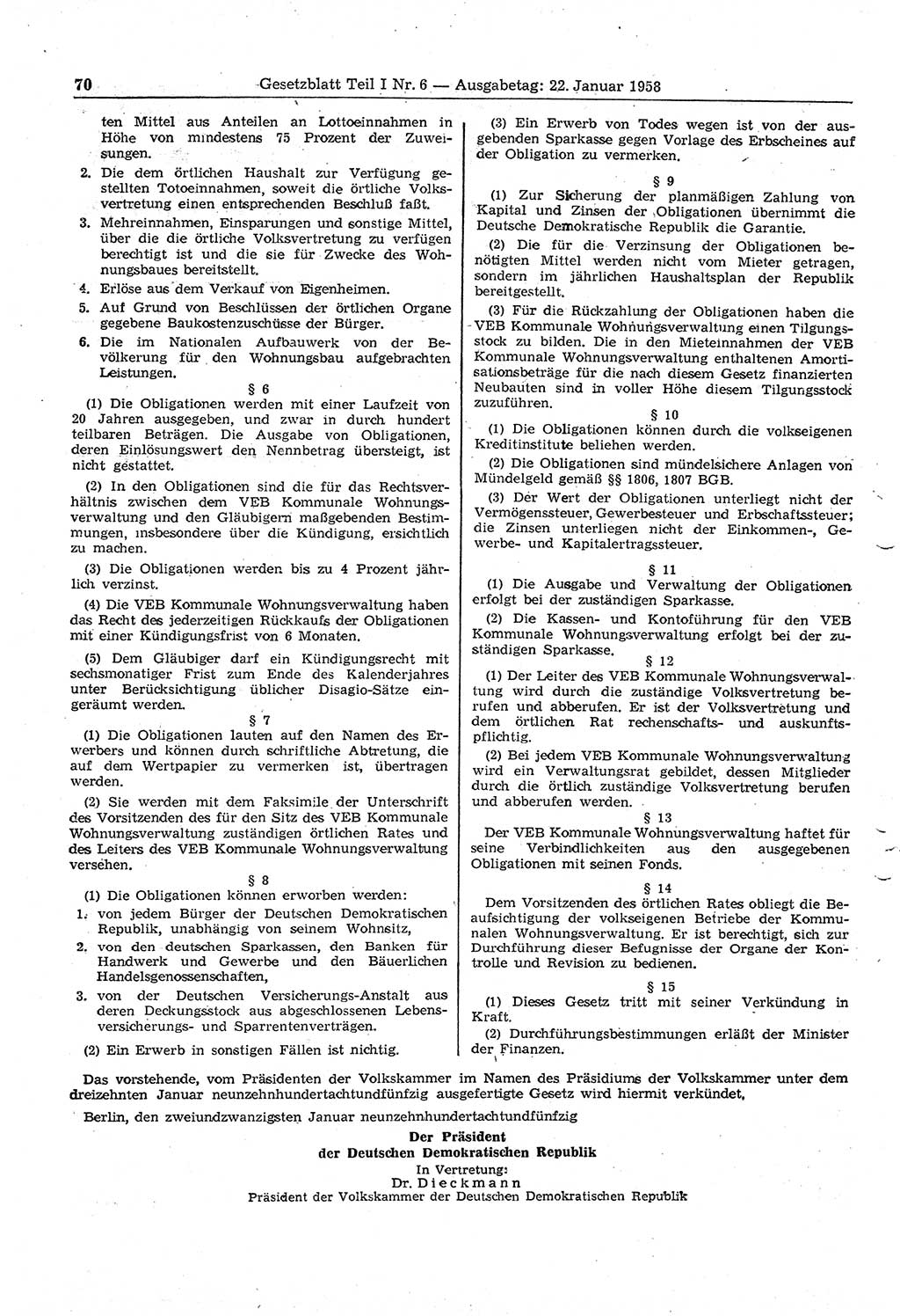 Gesetzblatt (GBl.) der Deutschen Demokratischen Republik (DDR) Teil Ⅰ 1958, Seite 70 (GBl. DDR Ⅰ 1958, S. 70)