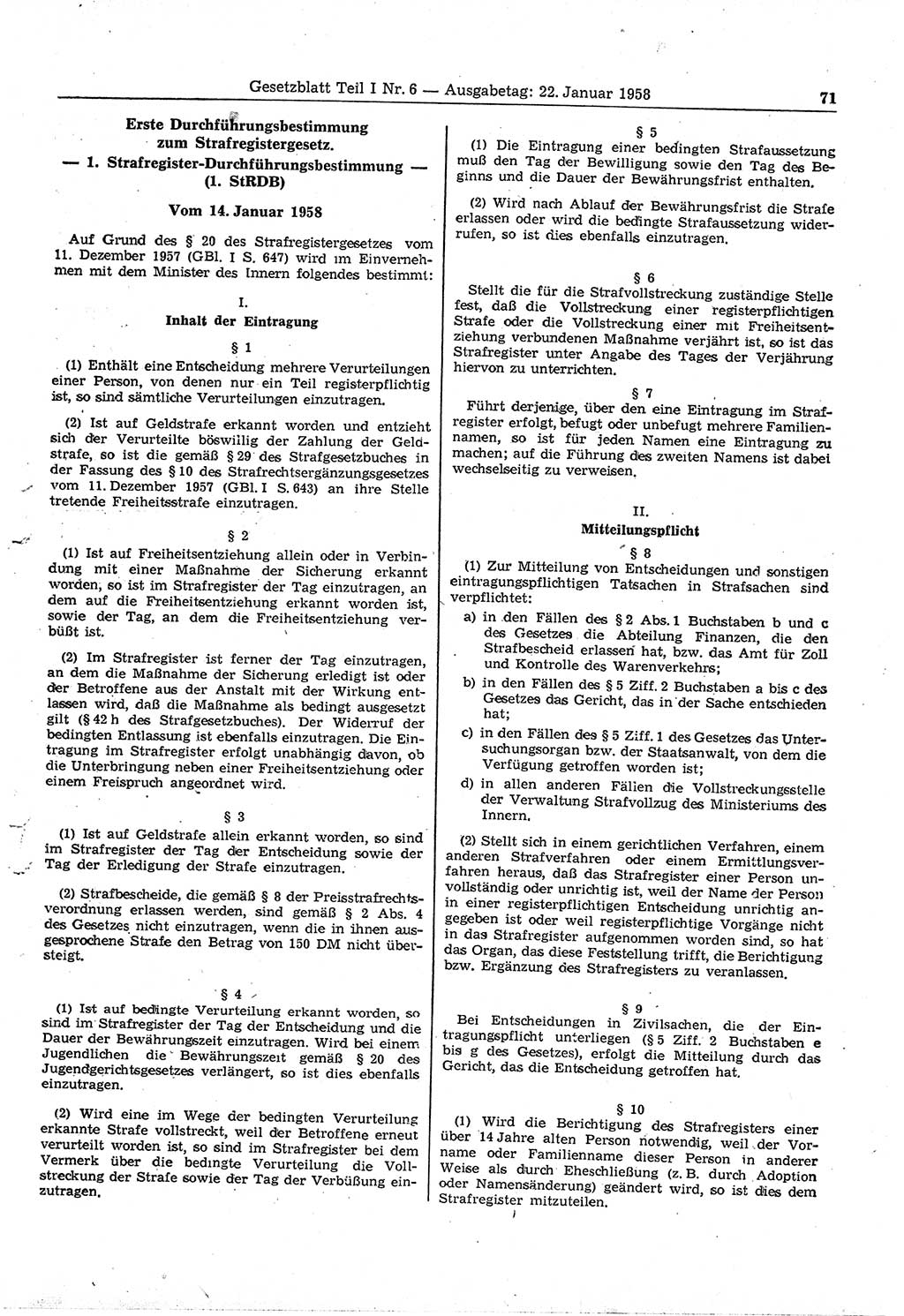 Gesetzblatt (GBl.) der Deutschen Demokratischen Republik (DDR) Teil Ⅰ 1958, Seite 71 (GBl. DDR Ⅰ 1958, S. 71)