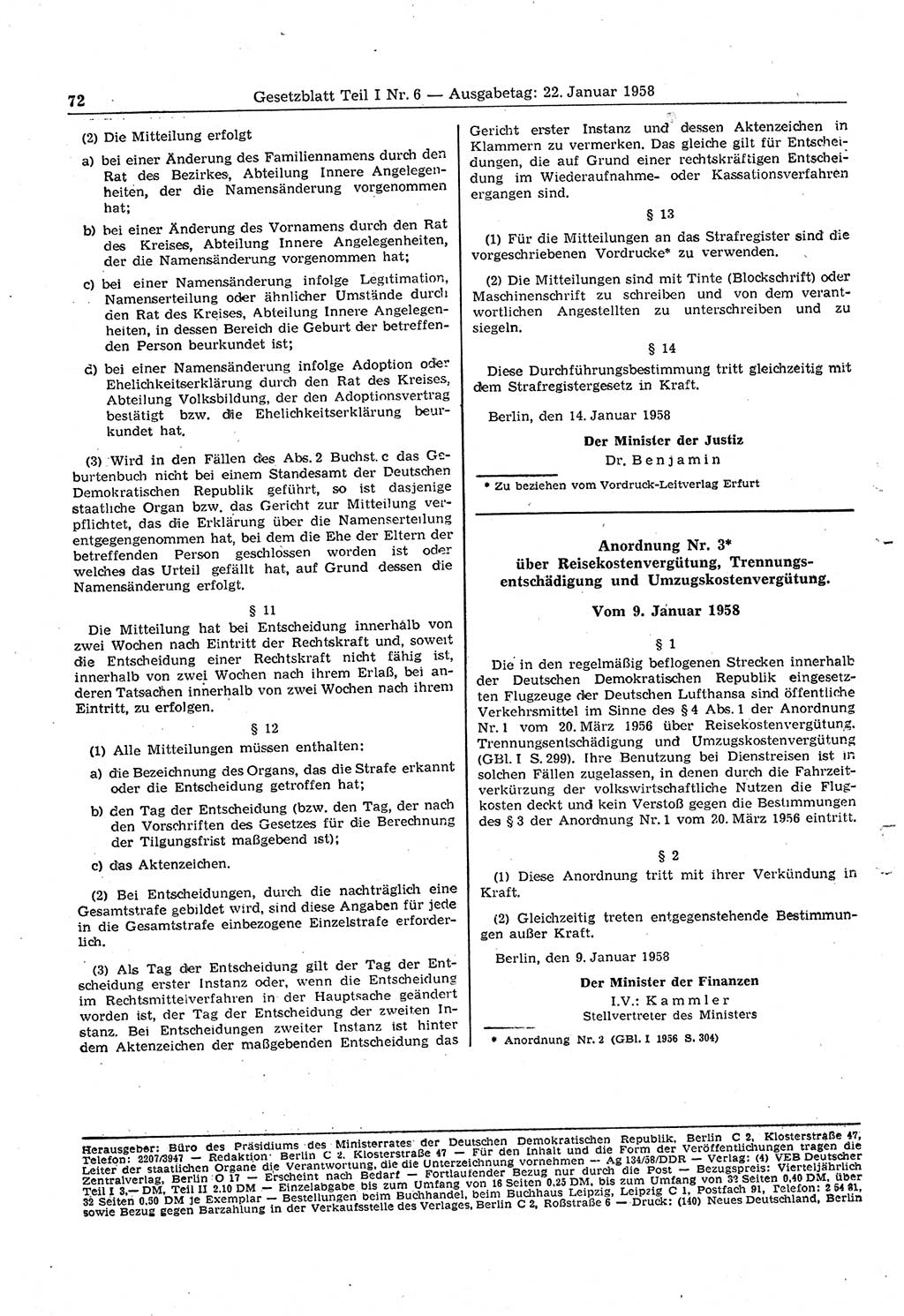 Gesetzblatt (GBl.) der Deutschen Demokratischen Republik (DDR) Teil Ⅰ 1958, Seite 72 (GBl. DDR Ⅰ 1958, S. 72)
