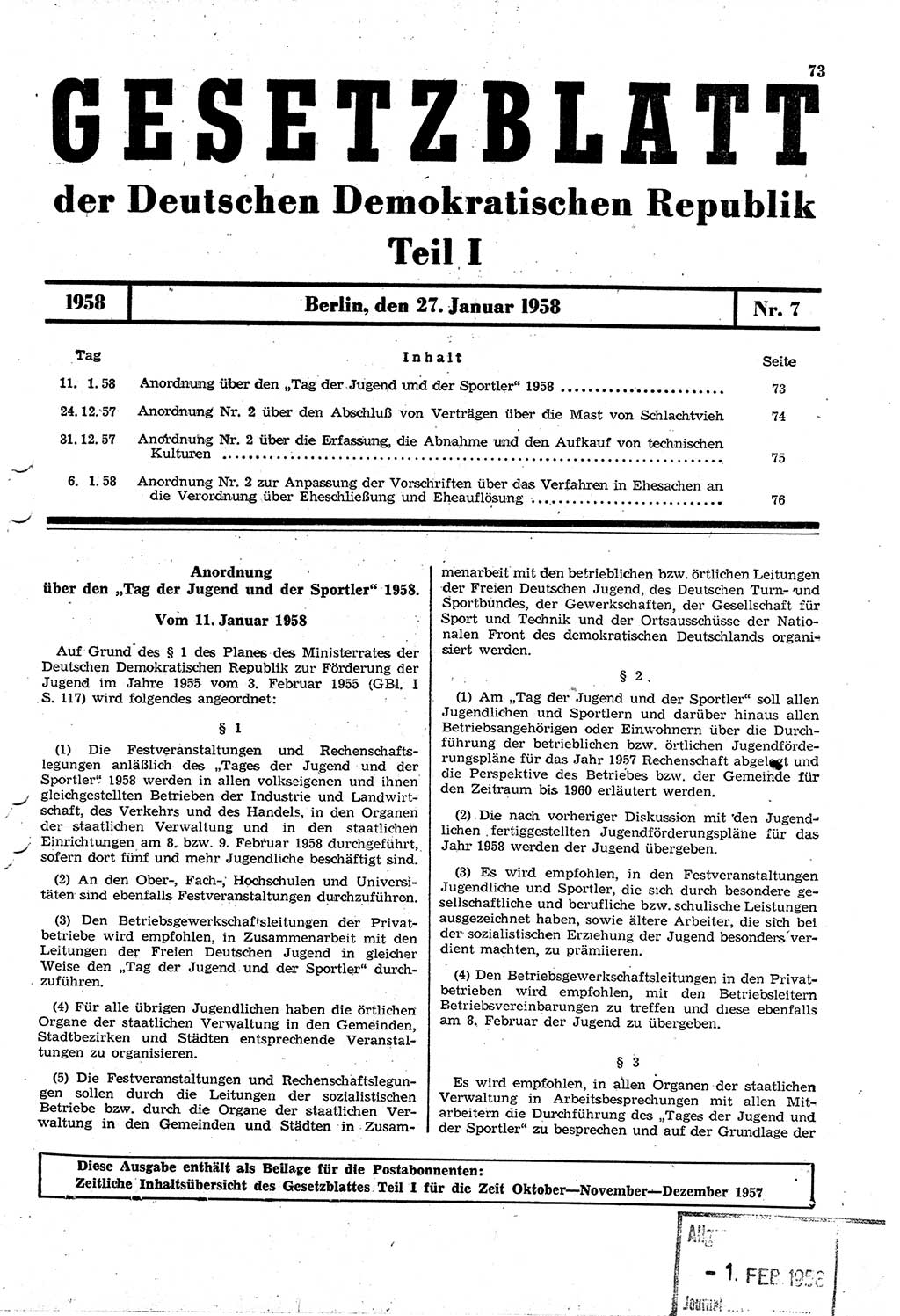Gesetzblatt (GBl.) der Deutschen Demokratischen Republik (DDR) Teil Ⅰ 1958, Seite 73 (GBl. DDR Ⅰ 1958, S. 73)