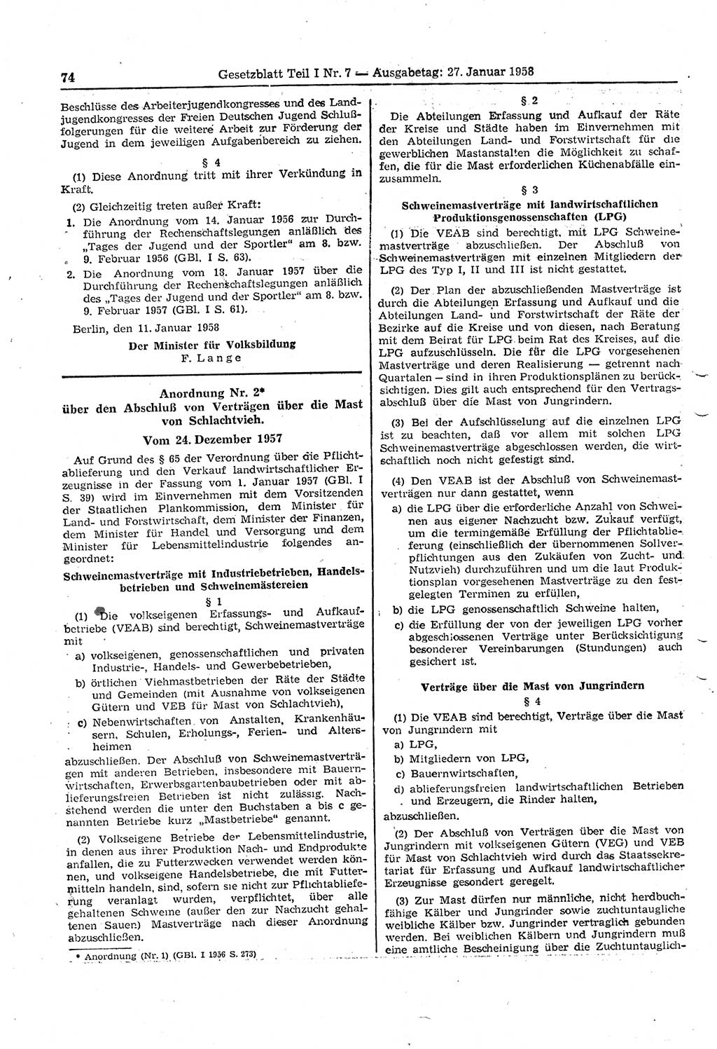 Gesetzblatt (GBl.) der Deutschen Demokratischen Republik (DDR) Teil Ⅰ 1958, Seite 74 (GBl. DDR Ⅰ 1958, S. 74)