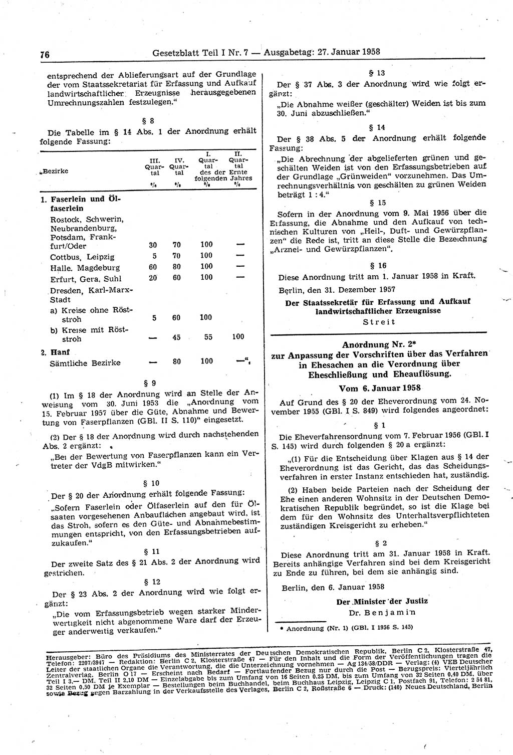 Gesetzblatt (GBl.) der Deutschen Demokratischen Republik (DDR) Teil Ⅰ 1958, Seite 76 (GBl. DDR Ⅰ 1958, S. 76)
