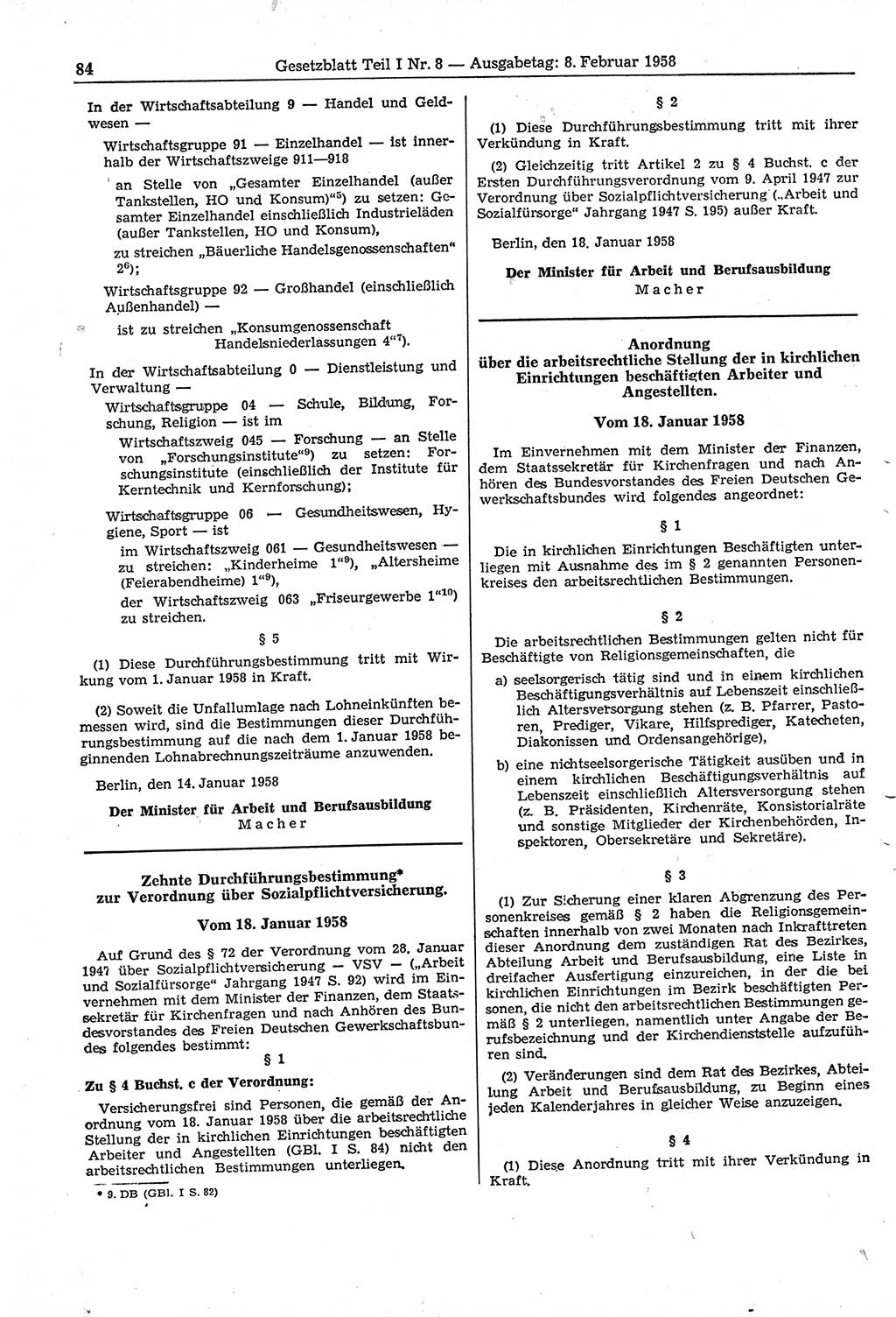 Gesetzblatt (GBl.) der Deutschen Demokratischen Republik (DDR) Teil Ⅰ 1958, Seite 84 (GBl. DDR Ⅰ 1958, S. 84)