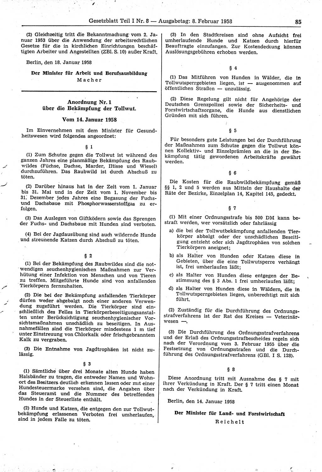 Gesetzblatt (GBl.) der Deutschen Demokratischen Republik (DDR) Teil Ⅰ 1958, Seite 85 (GBl. DDR Ⅰ 1958, S. 85)