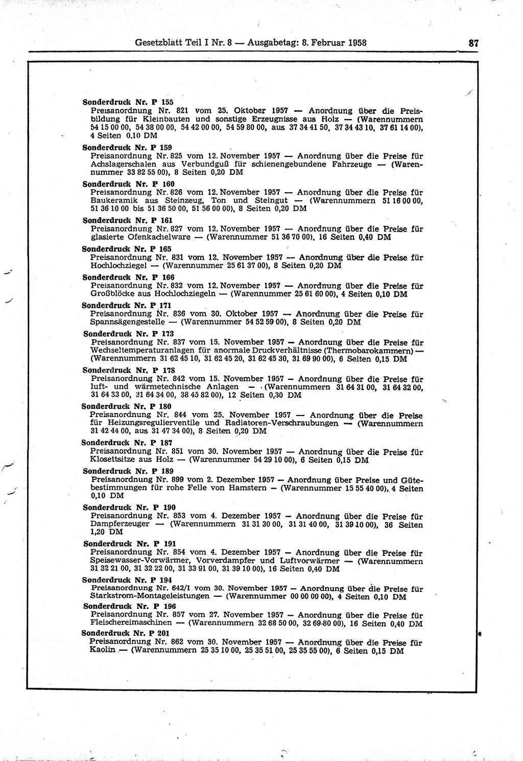 Gesetzblatt (GBl.) der Deutschen Demokratischen Republik (DDR) Teil Ⅰ 1958, Seite 87 (GBl. DDR Ⅰ 1958, S. 87)