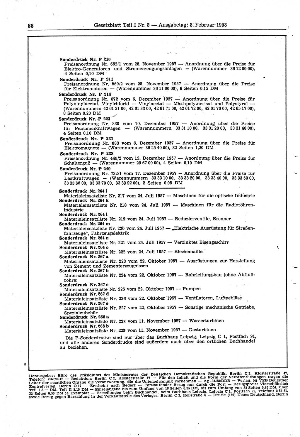 Gesetzblatt (GBl.) der Deutschen Demokratischen Republik (DDR) Teil Ⅰ 1958, Seite 88 (GBl. DDR Ⅰ 1958, S. 88)