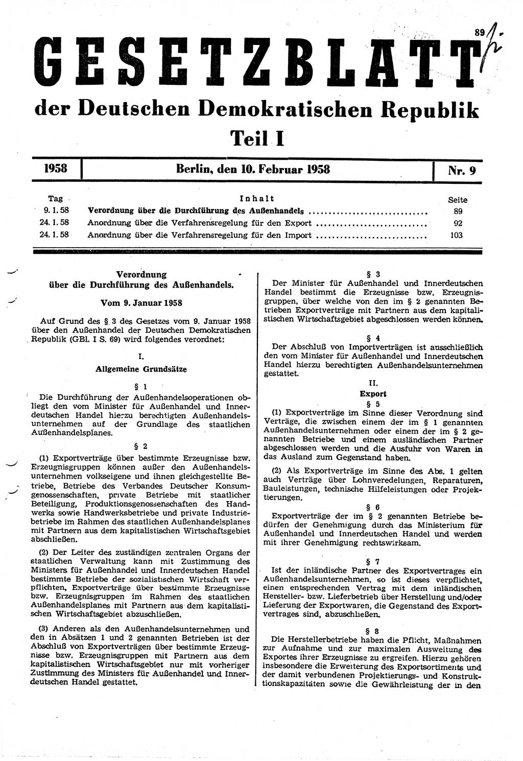 Gesetzblatt (GBl.) der Deutschen Demokratischen Republik (DDR) Teil Ⅰ 1958, Seite 89 (GBl. DDR Ⅰ 1958, S. 89)