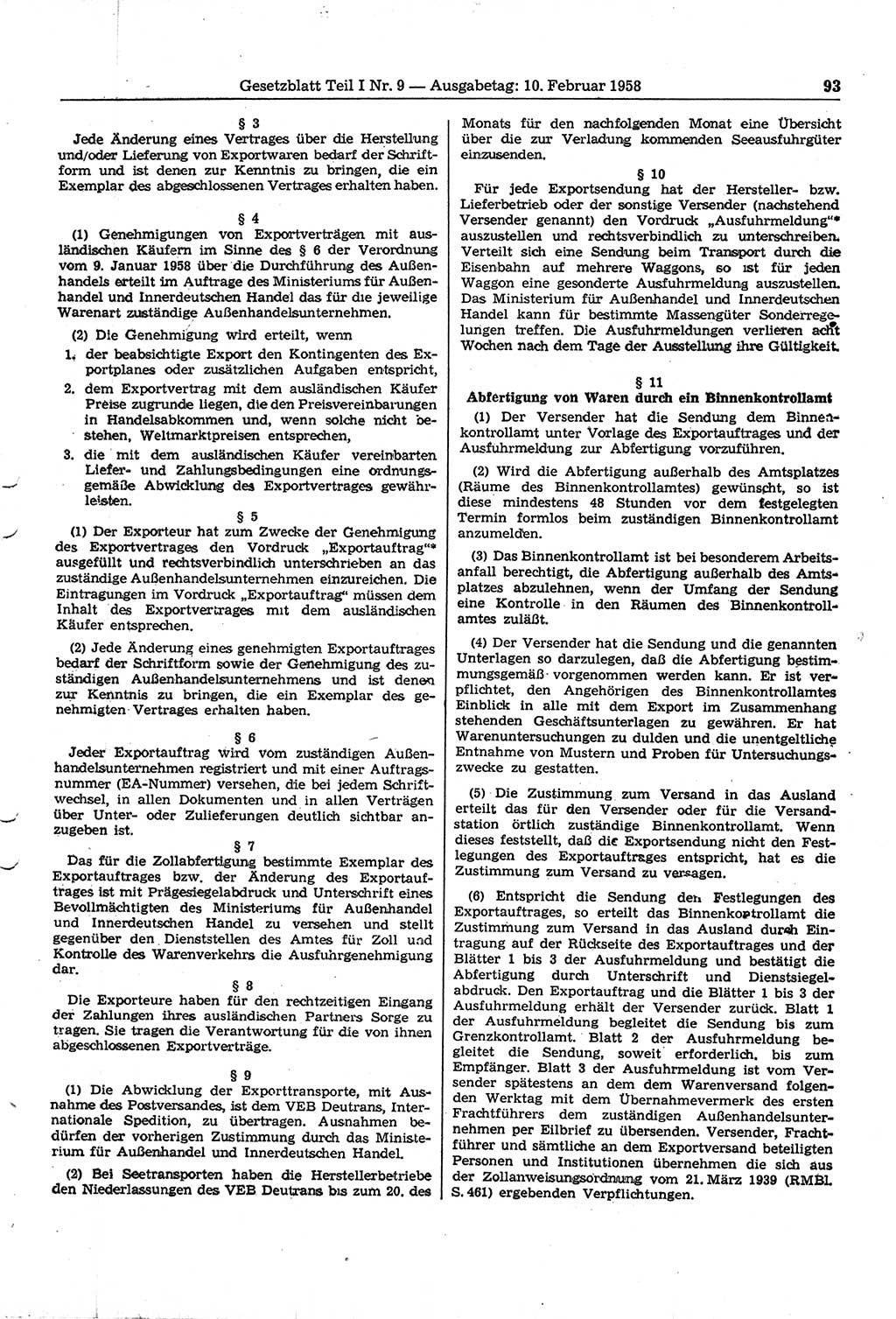 Gesetzblatt (GBl.) der Deutschen Demokratischen Republik (DDR) Teil Ⅰ 1958, Seite 93 (GBl. DDR Ⅰ 1958, S. 93)