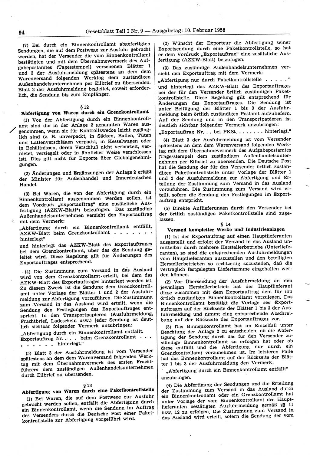 Gesetzblatt (GBl.) der Deutschen Demokratischen Republik (DDR) Teil Ⅰ 1958, Seite 94 (GBl. DDR Ⅰ 1958, S. 94)