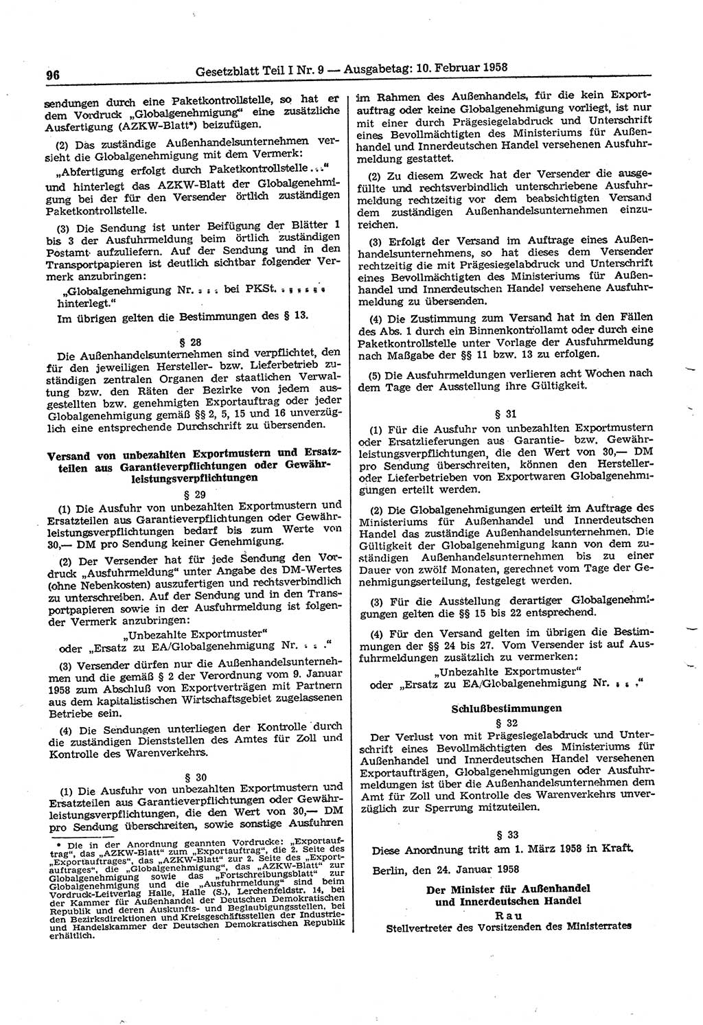 Gesetzblatt (GBl.) der Deutschen Demokratischen Republik (DDR) Teil Ⅰ 1958, Seite 96 (GBl. DDR Ⅰ 1958, S. 96)