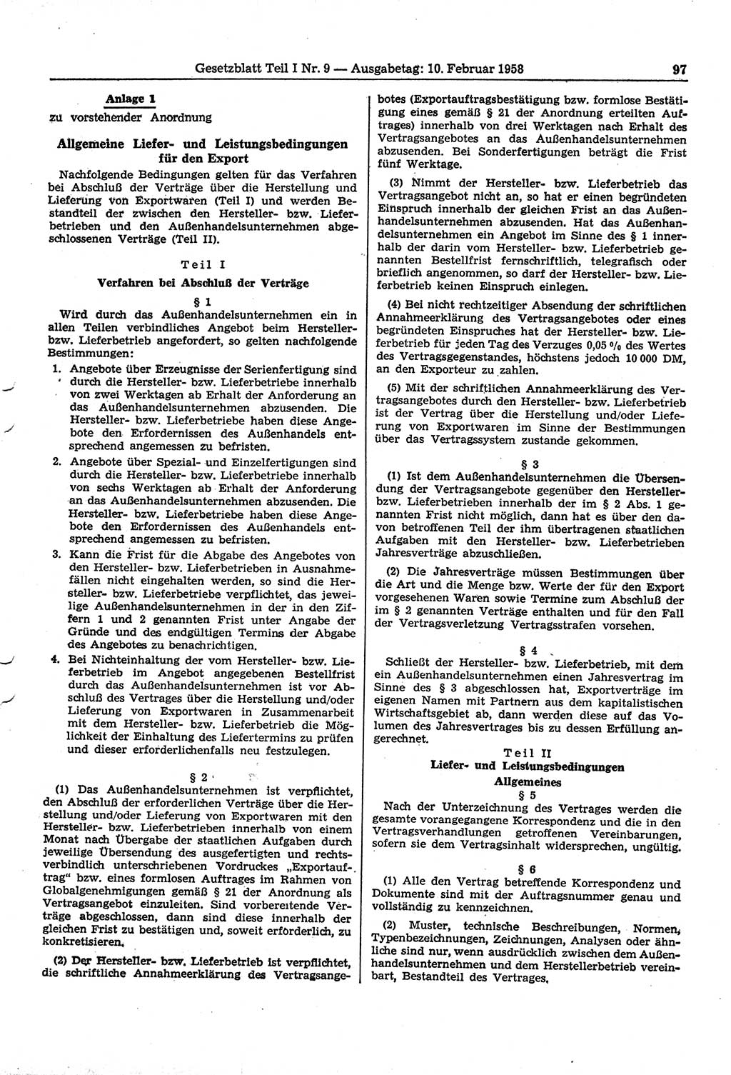 Gesetzblatt (GBl.) der Deutschen Demokratischen Republik (DDR) Teil Ⅰ 1958, Seite 97 (GBl. DDR Ⅰ 1958, S. 97)
